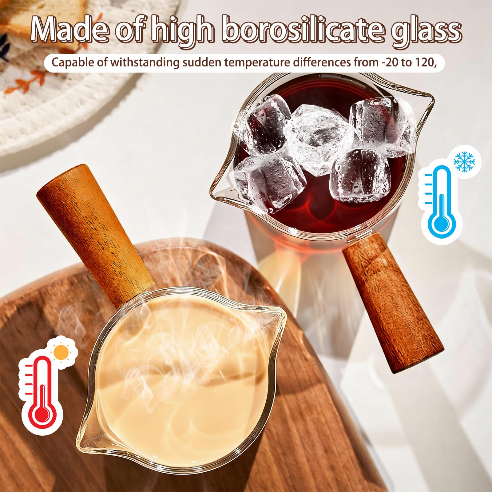 2 kubki z miarką do espresso, z drewnianym uchwytem, 75 ml, podwójny nalewak w kształcie litery V, podwójny nalewak, przezroczyste szkło, dzbanek do spieniania mleka, mały kubek do pomiaru