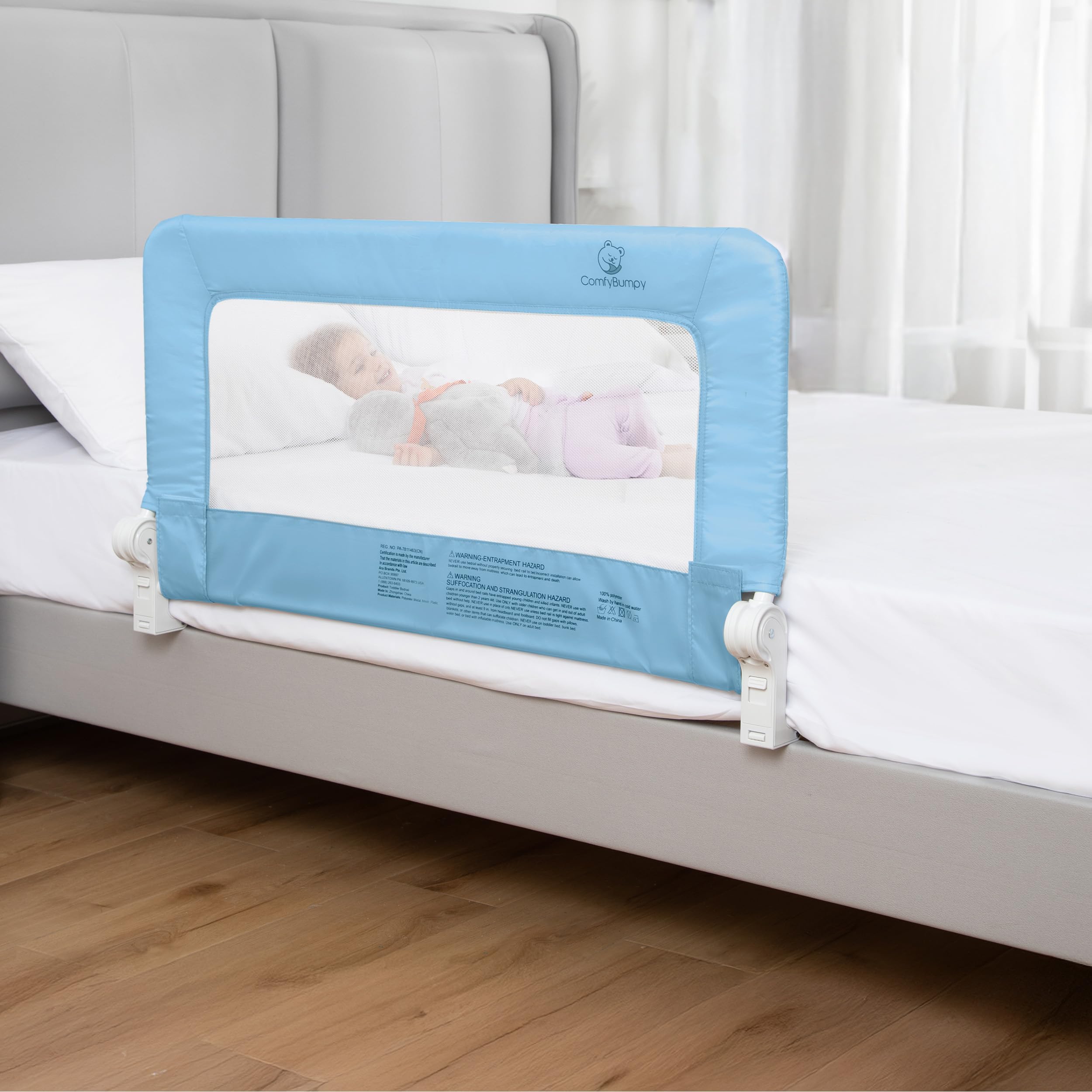 ComfyBumpy 1-Pack Bed Rail for Toddlers 35.5" L x 19.5" H | Toddler Bed Rails for Twin, Full &amp; Toddler Bed Size | Swing Down Bed Rail Guard | Baby Bed Side Rail for Kids | Blue
