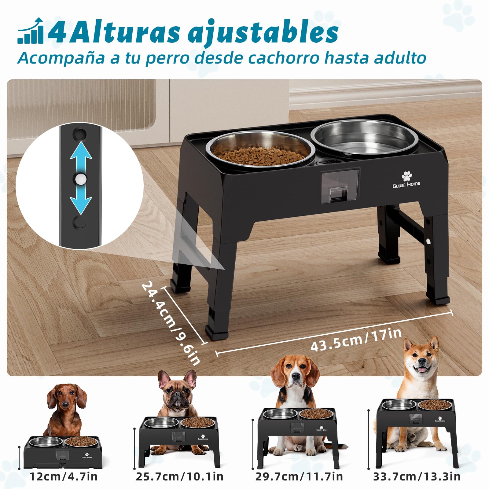 GUUSII HOME Comedero Perro Elevado Grande Cuenco Alto Perro Soporte Comederos y Bebedero para Perros Grandes Elevador Bol Altura Ajustable 43.5 * 24.4 * 12/25.7/29.7/33.7cm 2000ml Elevated Dog Bowl