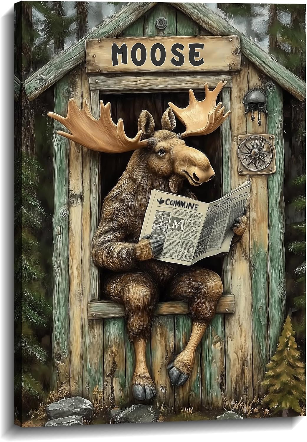 Bathroom Canvas Wall Art Moose Decor Rustic Moose in Outhouse Toilet Read a Newspaper Picture Prints Forest Wildlife Painting Farmhouse Cabin Bathroom Decor Framed(Art-5,16.00x24.00 inch)