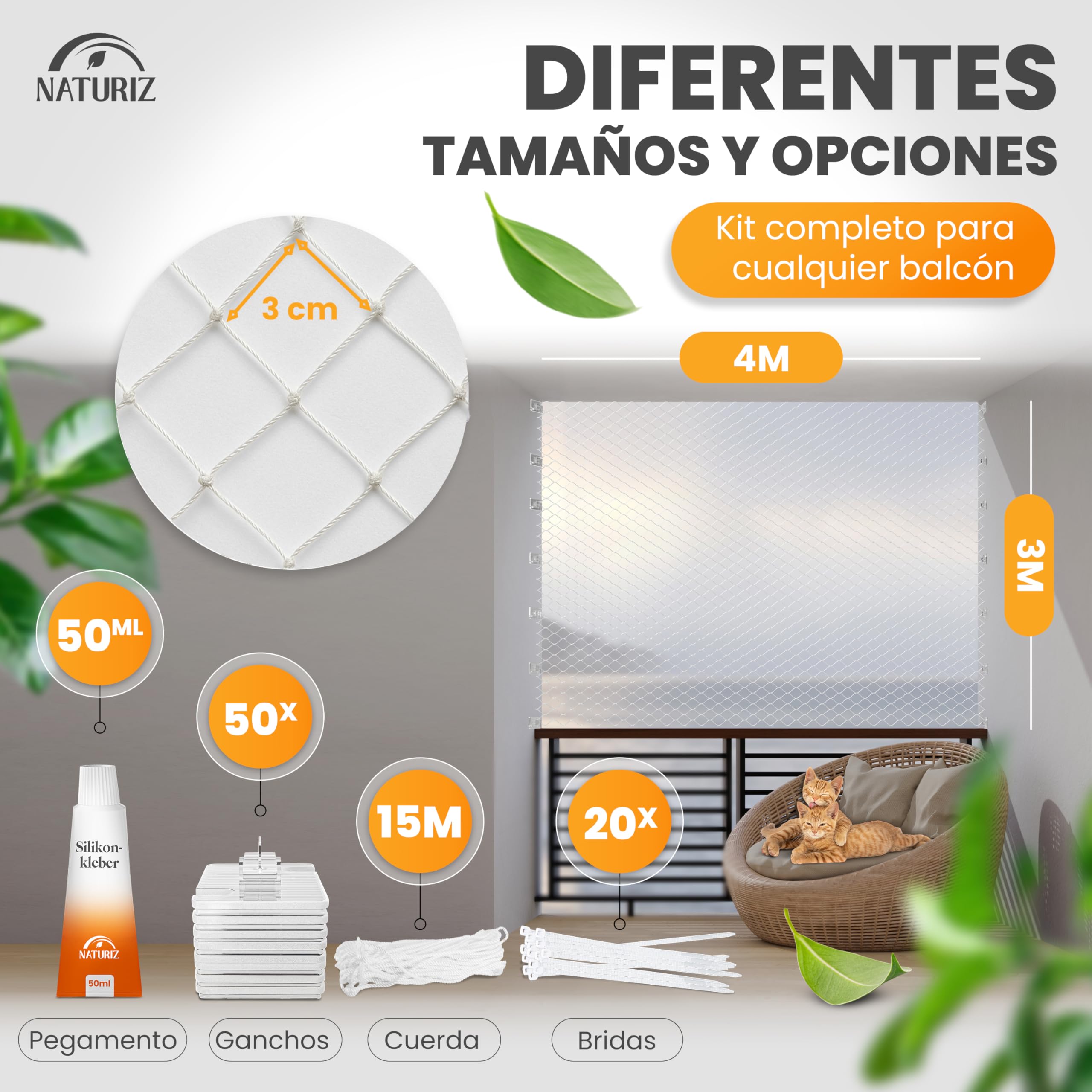Naturiz Red para gatos para balcón sin agujeros, 3 x 4 m, red para gatos reforzada con alambre transparente/blanco, incluye ganchos adhesivos, red de protección para gatos para balcón y ventana, red