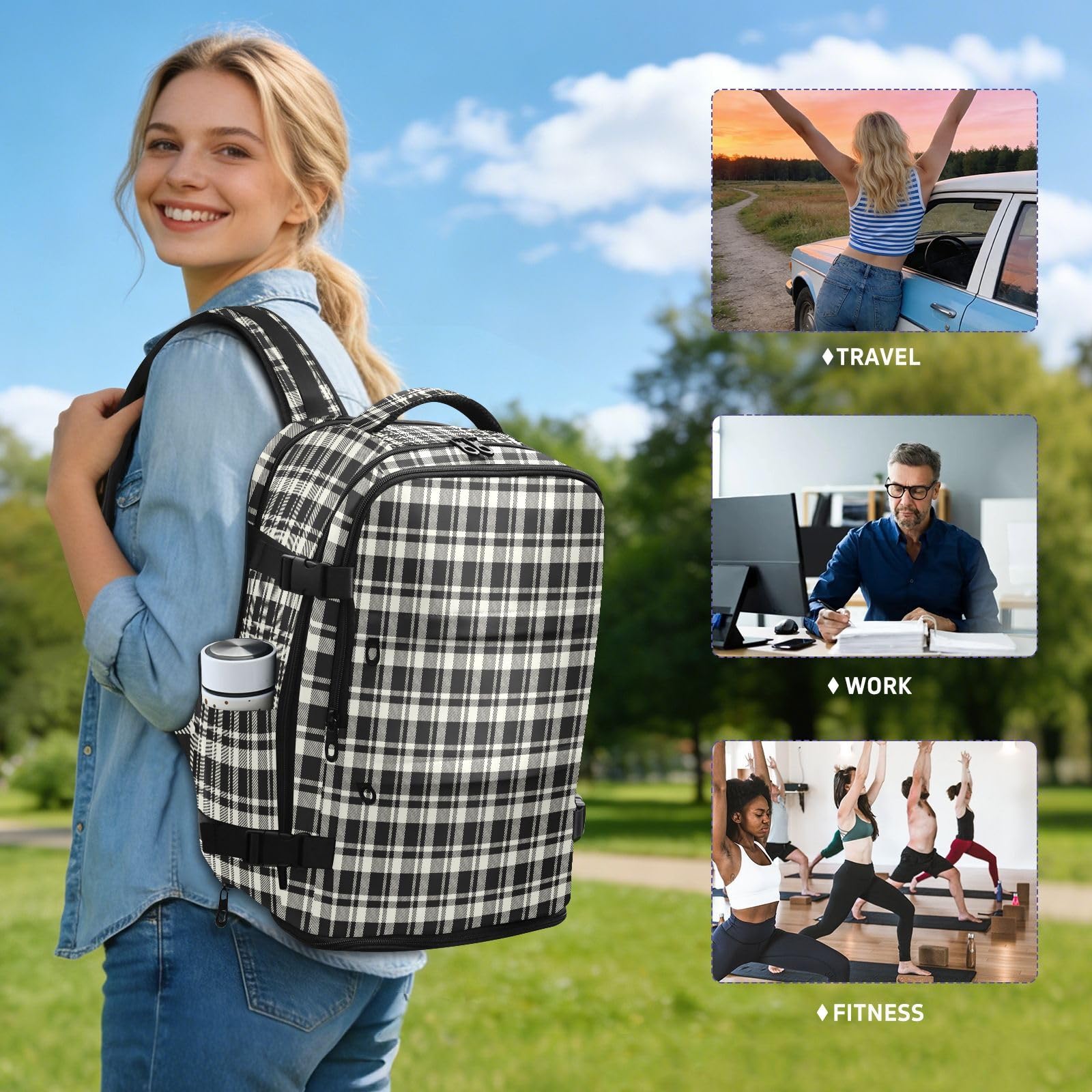Plecak roboczy 15,6 Torba na laptopa do samolotów 20 l | Wodoodporna lekka torba podróżna Buffalo Plaid Ivory Black Osobisty przedmiot Torba podróżna do szkoły mochilas para