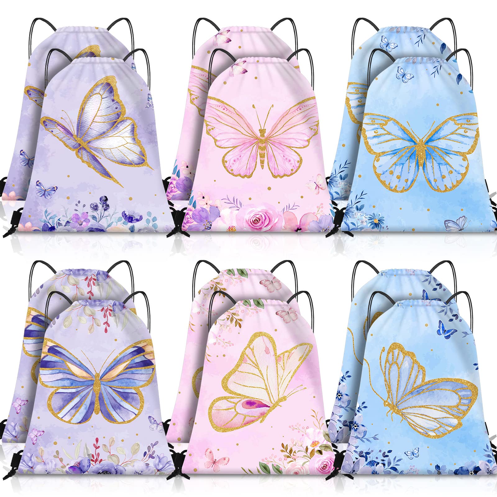 Amylove 24 Pcs Drawstring Bags - Butterfly Party Favor Candy Goodie Bags for Kids Girls Spring