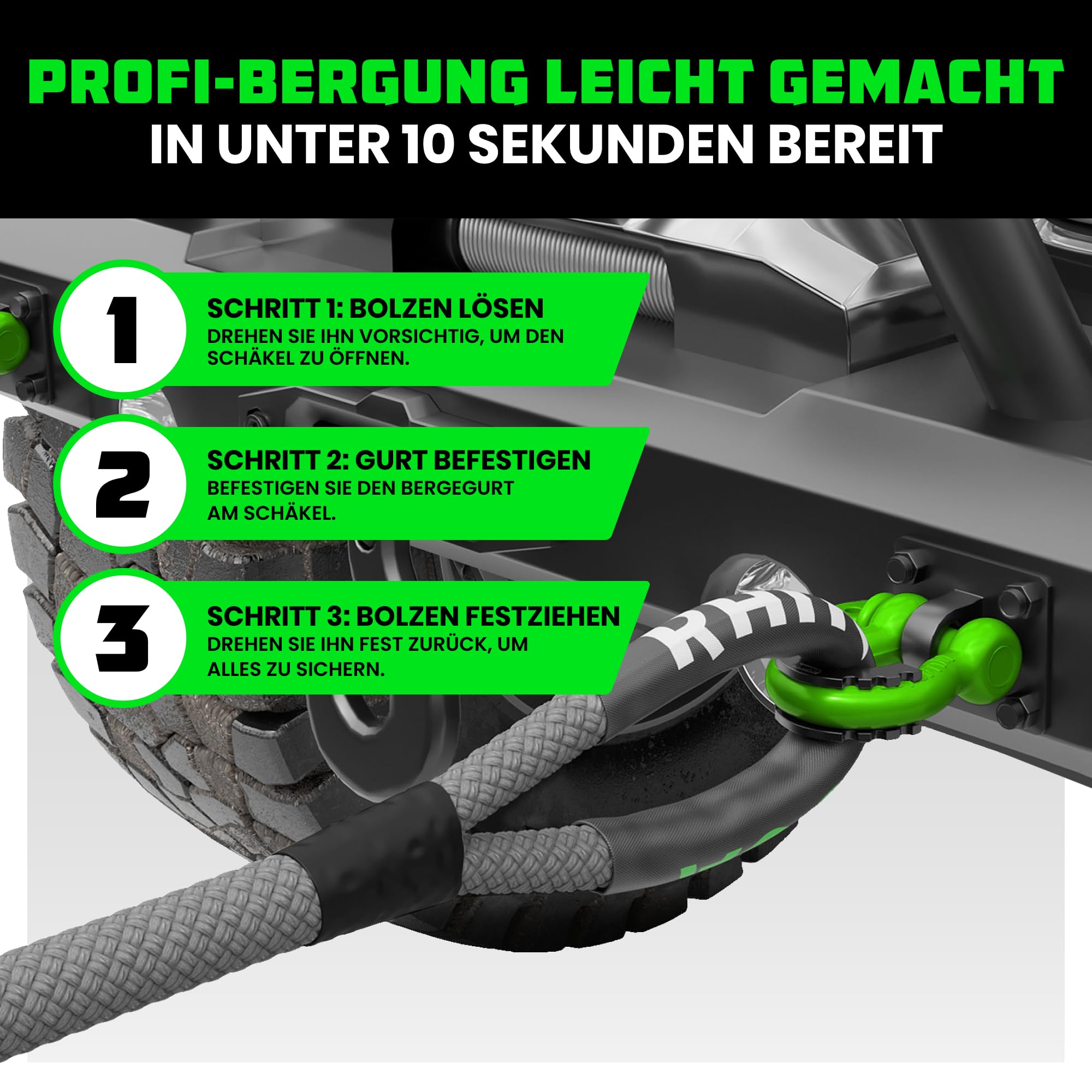 Rhino USA D-Ring Schäkel (2 Stück) – 18.983kg Bruchfestigkeit – Schwerlast 1,9 cm Augbolzen Schäkeln mit 2,2 cm Bolzen für Abschlepp und 4X4 Einsatz – Paar mit Abschleppgurt für Fahrzeugbergung (Grün)