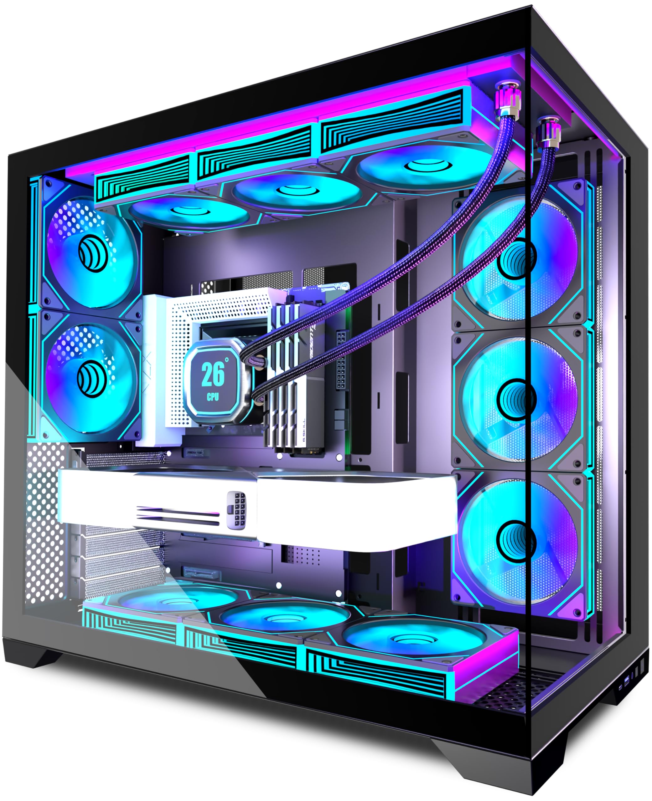 ANSAITE CASE PC ATX 9 ventole PWM ARGB preinstallate, case per PC da gioco Mid-Tower, case per computer in vetro temperato panoramico con Type-C, supporto per radiatore da 360 mm, nero