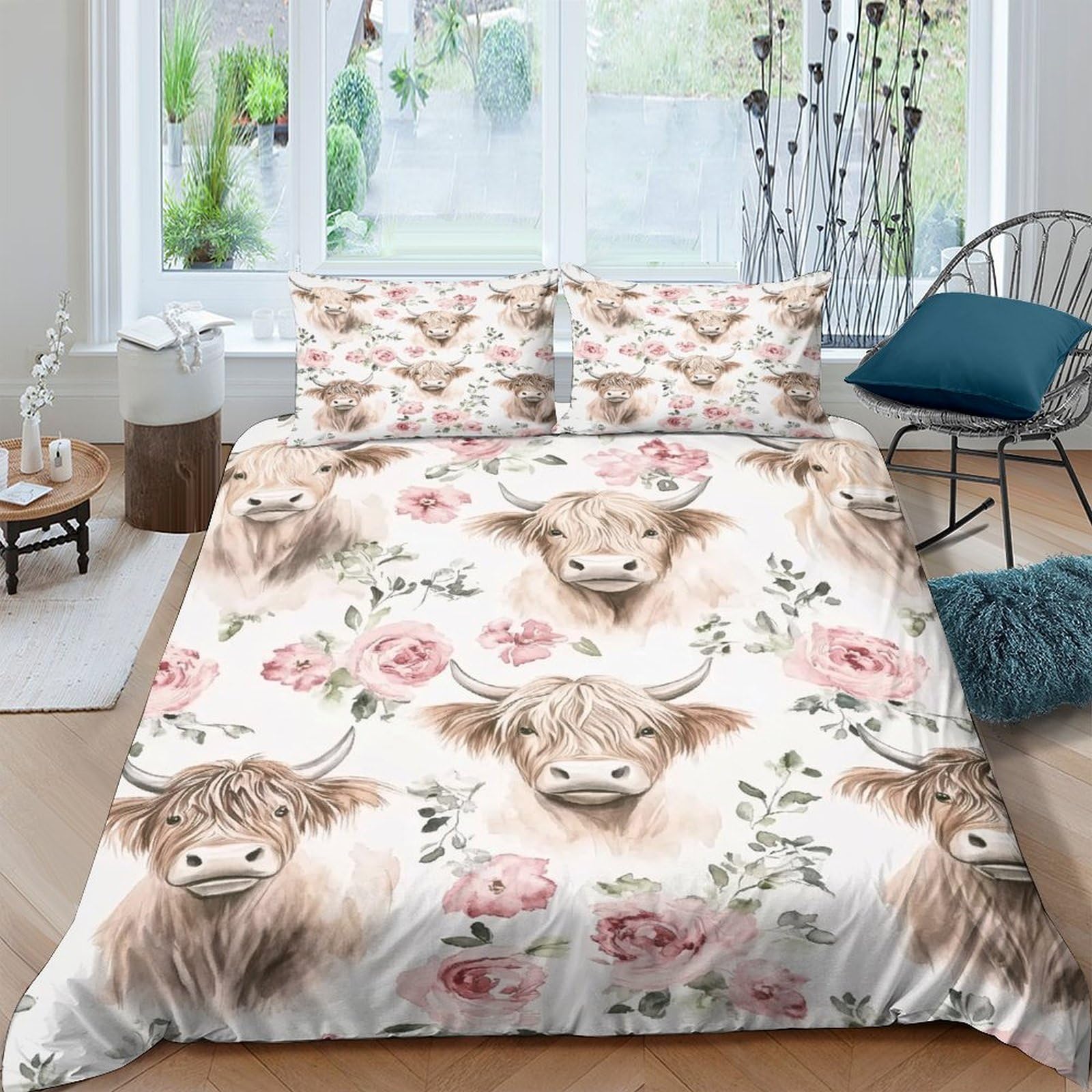 Ctjqhvkz Style-6 3D Printed Highland Cow Floral Fitted Sheet Microfiber Soft Breathable Pastel Blossom Bed Cover For Bedroom Dorm Decor Single（135X200cm）