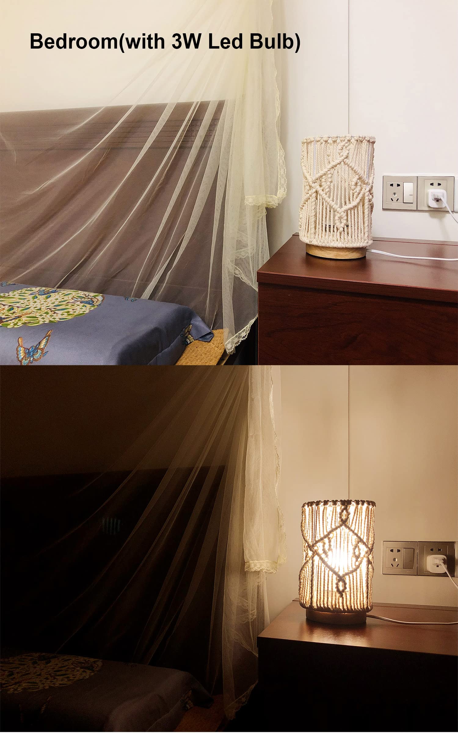 AFORTLO Table Desk Lamp,Small Boho Hollow-Out Decorative Bohemian Macrame Handmade Nightstand Night Light Solid Wood Base Lamp for Bedroom,Living Room Or End Table with Bulb(Creamy-White)