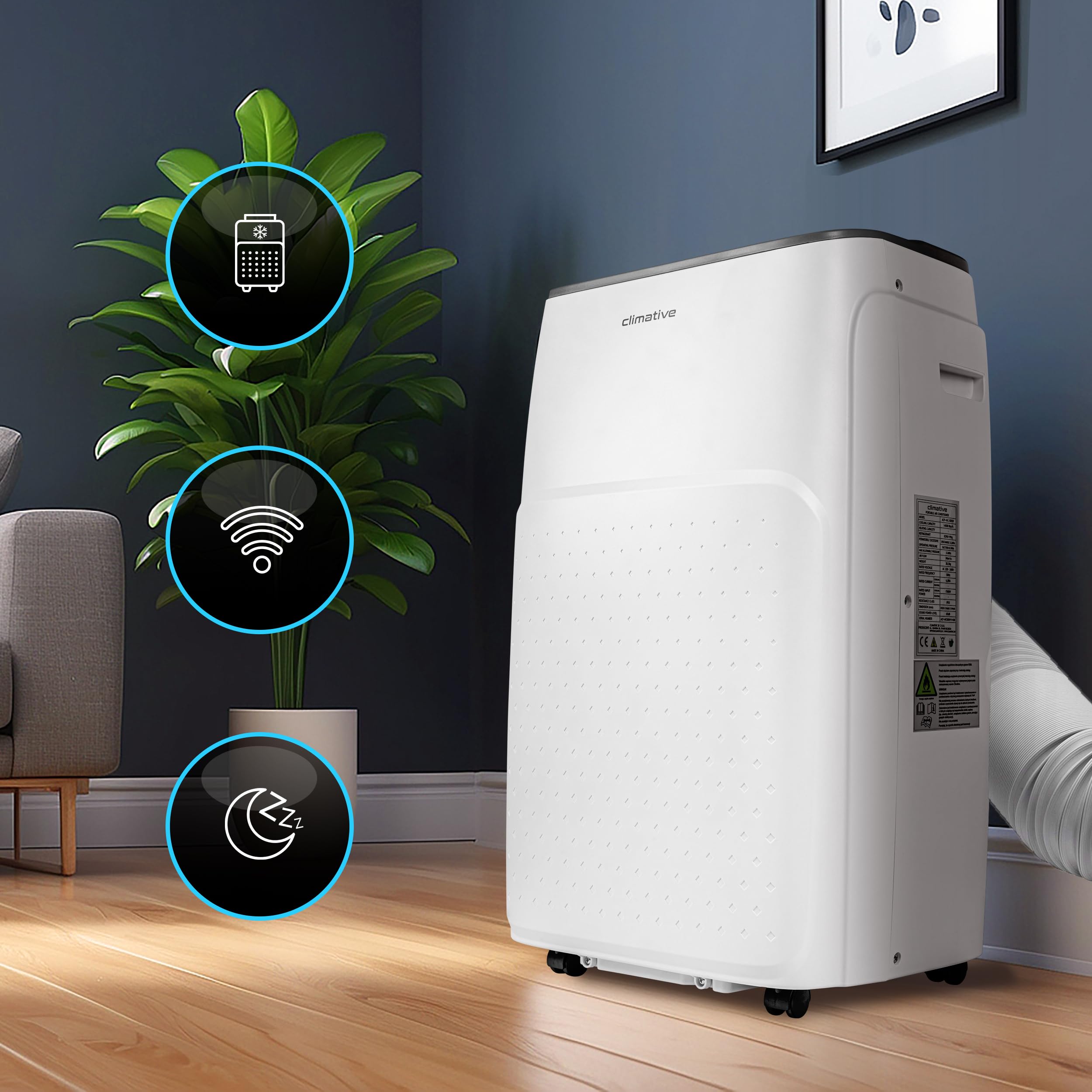Klimatyzator przenośny Climative AC41-S JET WiFi, 4,1 kW, BTU 14000, do 41 m², klimatyzacja 3w1, osuszanie i wentylacja, w zestawie pilot zdalnego sterowania. Działa z Tuya Smart