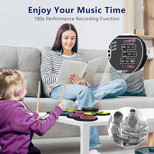 Miniatura 4 de Juego de batería electrónica, 10 almohadillas enrollables, kit de batería de práctica con conector para auriculares, altavoces integrados, pedales