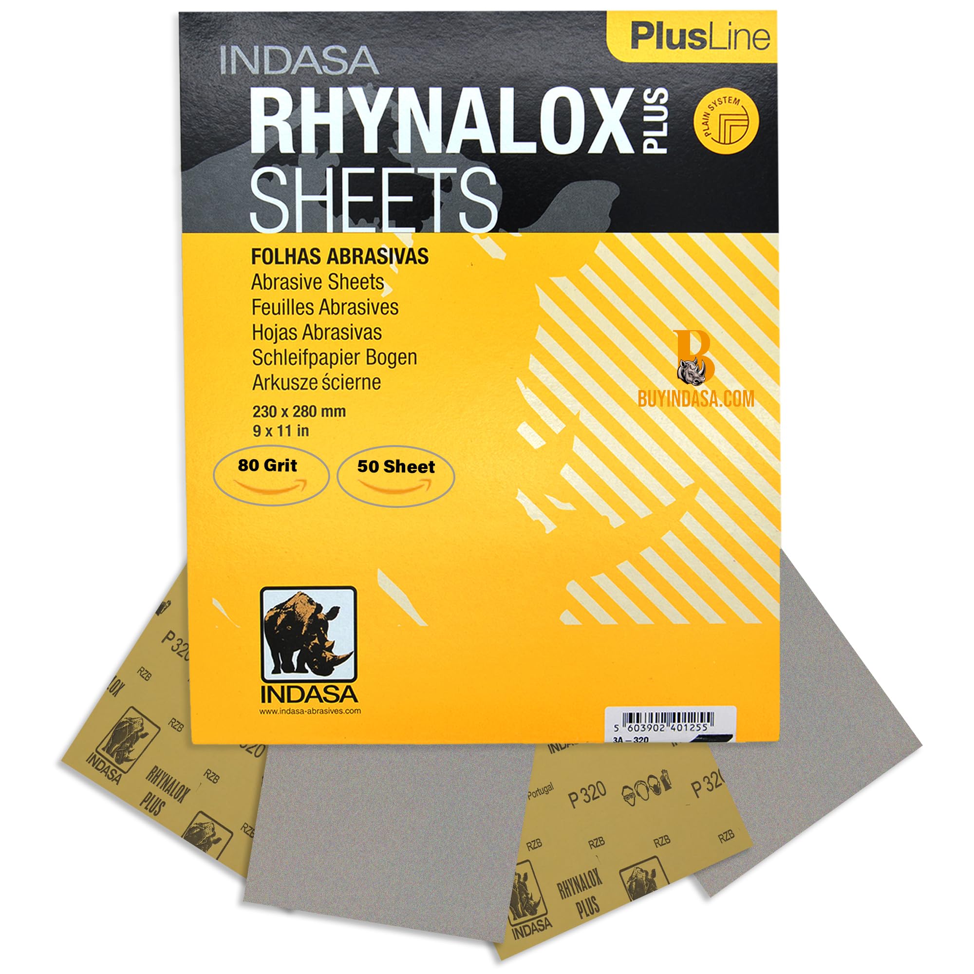 Indasa 50 PCS 9x11 Sandpaper Rhynalox Plusline - 80 Grit Dry Sanding Sheets, Professional-Grade Abrasive for Wood, Metal, Automotive, and Paint