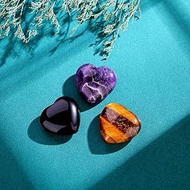QINJIEJIE 3 PCS 1.2 Large Heart Crystals Amethyst Obsidian Tigers Eye Natural Healing Crystal Heart Shape Love Stones Polished Thumb Gemstones Therapy Reiki Energy Balancing Gifts