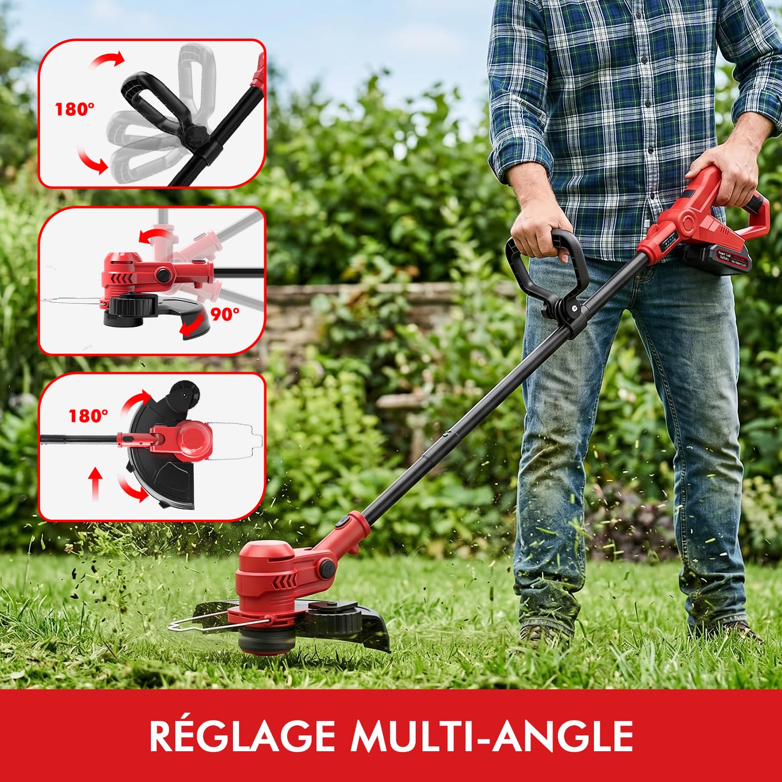 Coupe Bordure sans Fil avec Batterie, 21V Debroussailleuse Electrique sans Fil Coupe-Bordures Et Bordeuse, 30cm Largeur Coupe Rotofil Batterie avec 2 Batteries 1.5 Ah Et Chargeur,4 Bobines De Fil