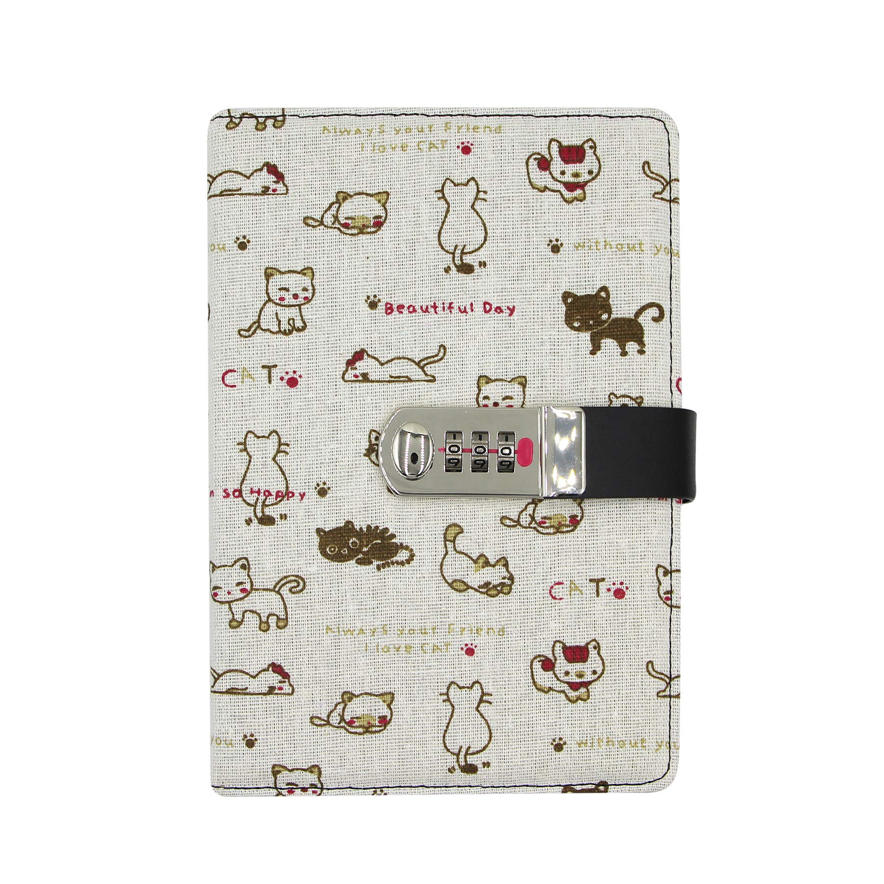 Cute Cat with Digital Password Lock, PU Leather Wided Ruled College Students Notebook Personal Travel Writing Journal Gift for Annersary Graduation(A5, Double Sided, 130Sheets/260Pages)