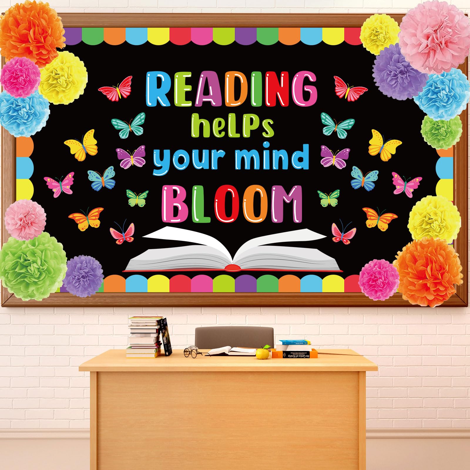 gisgfim Spring Reading Classroom Bulletin Board Decor Set with 3D Tissue Paper Pompoms Spring Butterfly Flower Paper Cutouts Reading Makes Your Mind