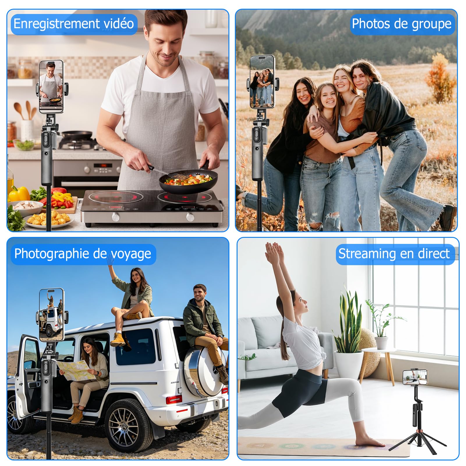 Trépied de téléphone portable pour smartphone - Rotation à 360° - Perche à selfie automatique avec 4 pieds - 160 cm - Avec télécommande - Contrôle par gestes - Pour Vlog Live Stream Travel