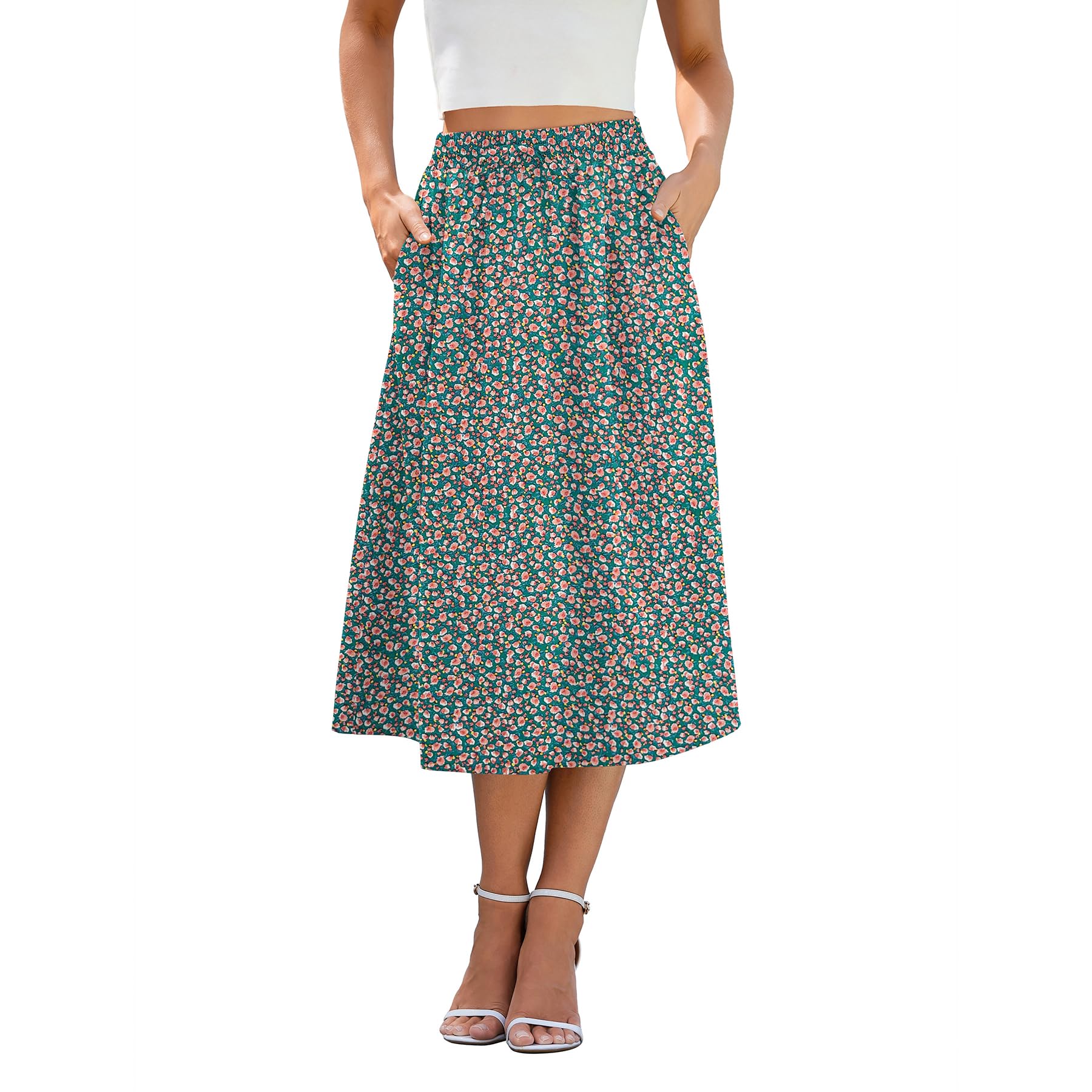 Witsmile Flowy Skirt Midi Length Elastic High Waist A-Line Skirt with Pockets Boho for Women 2025 Trendy(S-2XL)