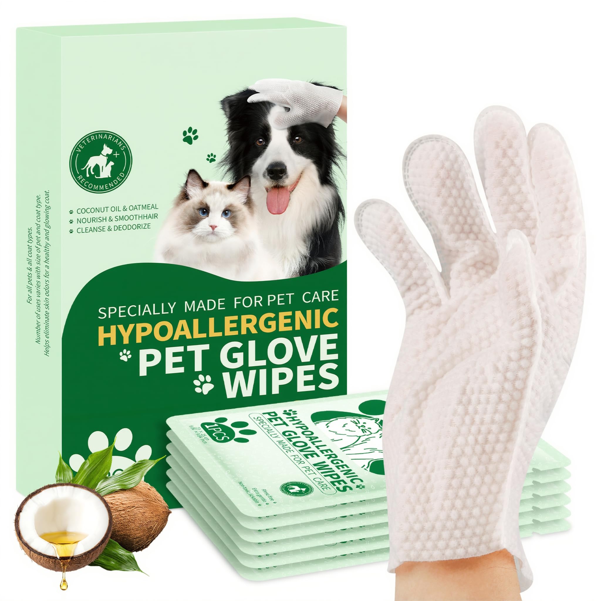 GLADFRESIT Pet Grooming Gloves 6-Pack with Coconut Scent, Individually Wrapped Deshedding & Bathing Mitts for Dogs and Cats, Reusable & Easy Clean Hair Remover Gloves
