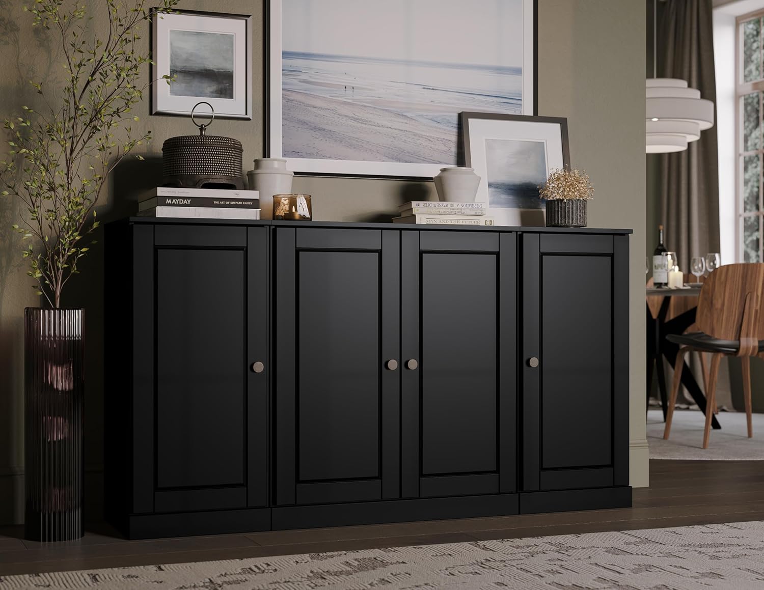 Palace Imports 100% Solid Wood 65" Sideboard w/Raised Panel Doors, Black, 65" w x 35.75" h x 15.5" d, Renewable Eco-Friendly Wood, Made in Brazil