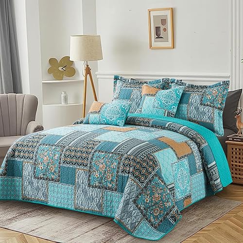 BEDISELY Juego de colcha de algodón tamaño Queen de granja (90 x 98 pulgadas) con patrones geométricos florales, juego de colcha reversible ligera