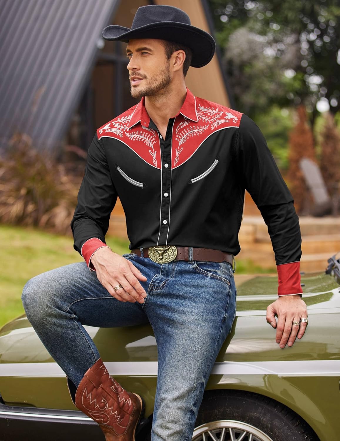 COOFANDY Men's Western Cowboy Shirt Casual Long Sleeve Button Down Cotton Shirts X-Large Cotton - Red & Black