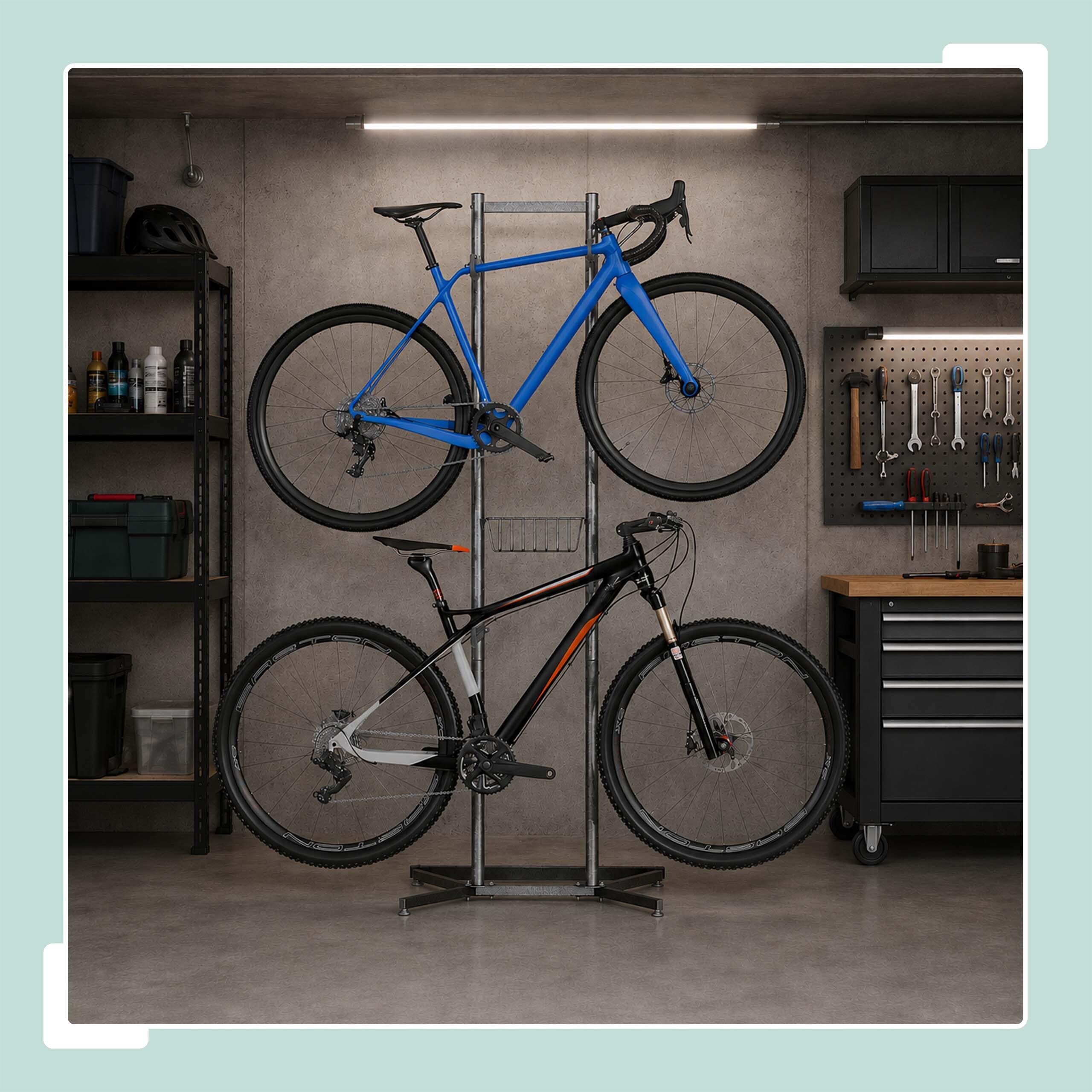 Relaxdays support pour 2 vélos, MBT, vélo de course, VAE, noir | modèle autonome, panier, H x l x P : 210 x 75 x 61 cm, support pour roues