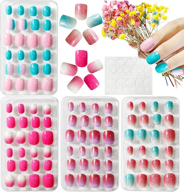 Kalolary 96PCS Kids False Nail, Children Nails Press on Pre-glue Full Cover Gradient Color Short False Nail Kit with 1pcs Nail Glue Sticker, Lovely Gift for Kids Little Girls Nail Art Decoration - B
