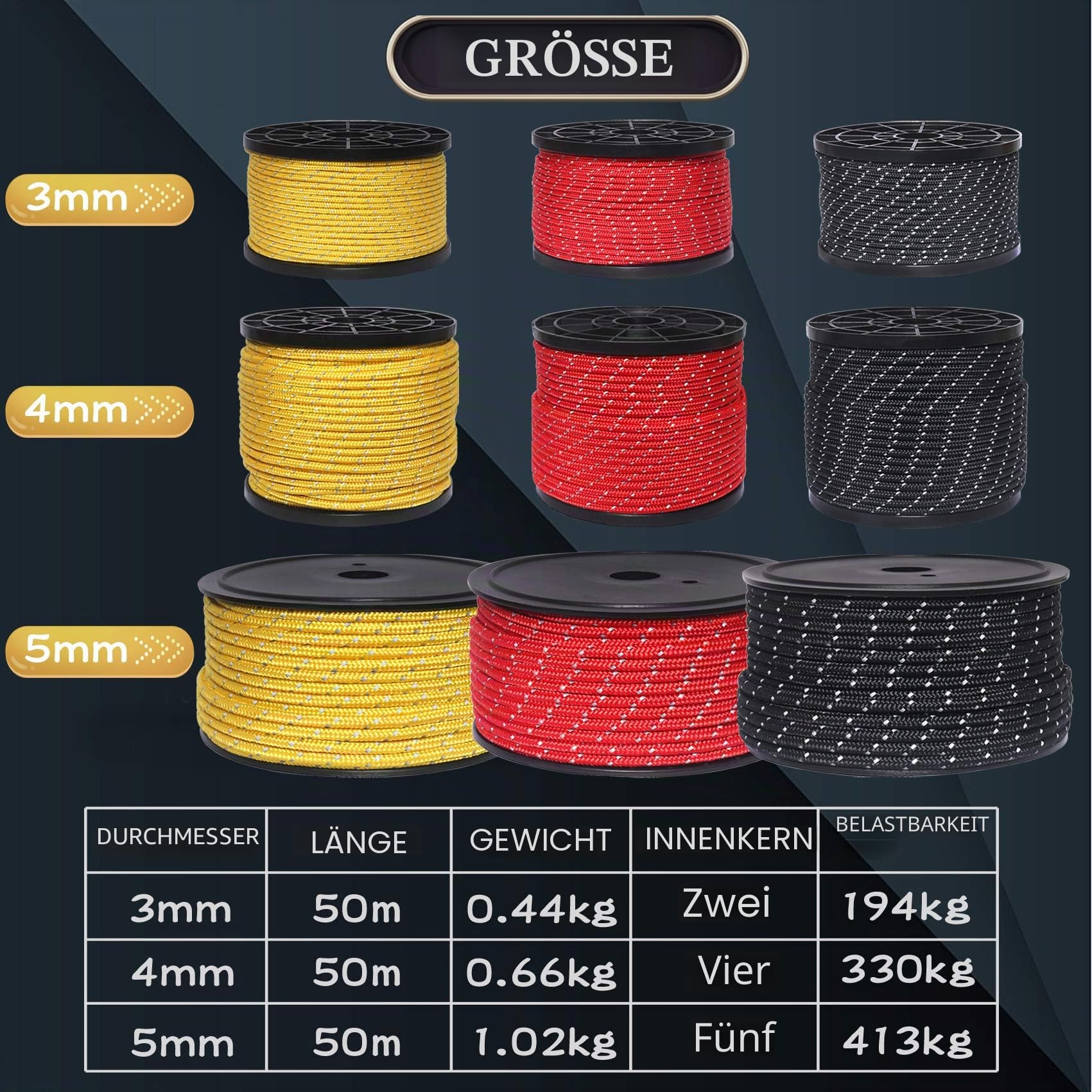 50M reflektierende Schnur Guy Seile Outdoor Zelt Führungsseil 100% Nylon Schnur Windlinie mit 10 Stück Aluminiumlegierung Spanner für Camping (red, Diameter 5 mm)