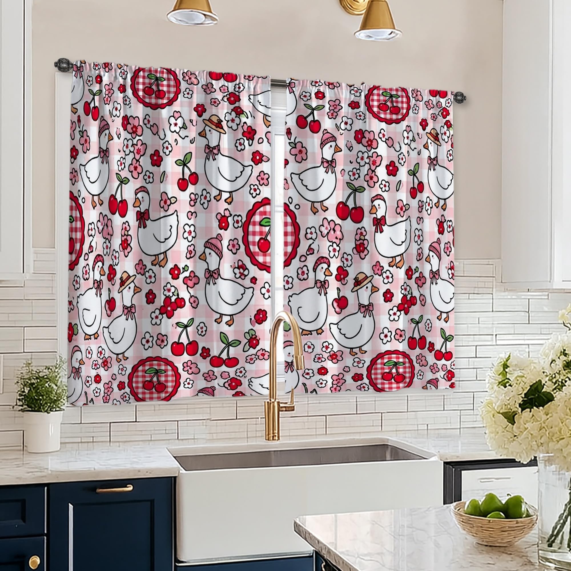 Rideaux courts cuisine contre vis-à-vis fleurs et poulet rouge 66x114cm