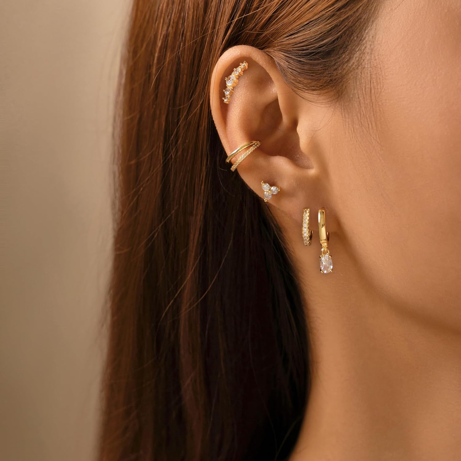 5 Pairs 14K Gold Stud Hoop Earrings Set for Women Hypoallergenic 925 Sterling Silver Post Dainty Huggie Cuff Earring Sets for Multiple Piercing Stacks Trendy Women Fashion Jewelry Gifts - Image 2