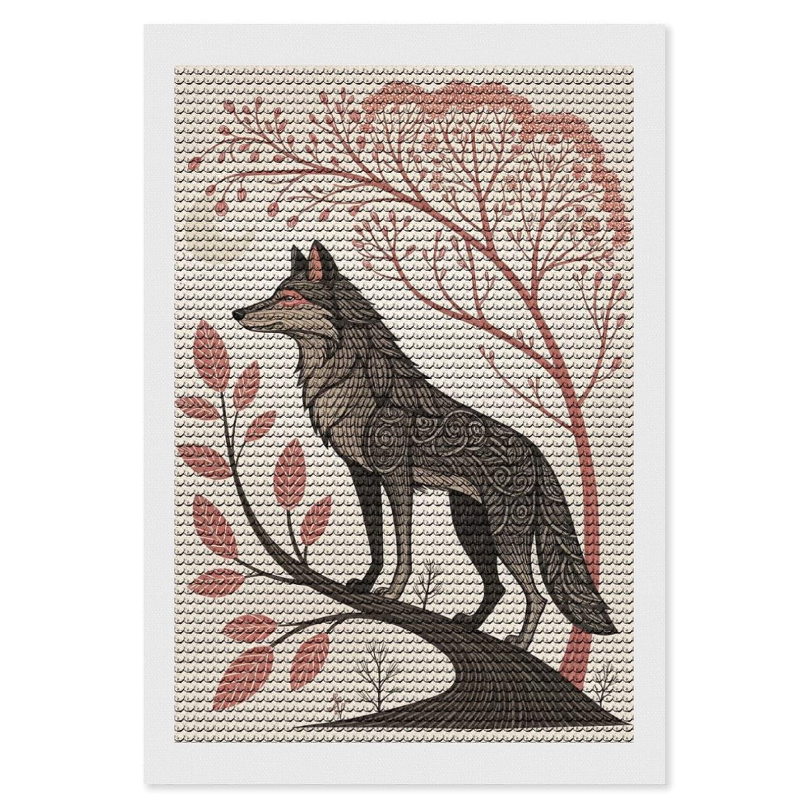Junmoney Stylized Wolf on A Branch Diamond Art Canvas 8"x12", for Family Craft Time, Creative Leisure Activity, Living Room Decor, Festive Craft Gift