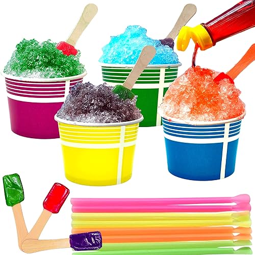 Kit de 130conos multicolor para helado de aguahielo raspado. Incluye 40vasos (12oz) amarillos, rosas, verdes y azules, 40 cucharas de caramelo y 50