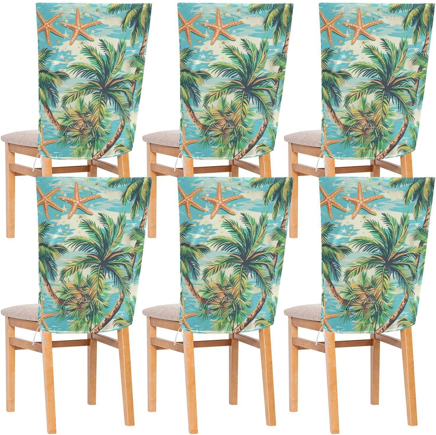 ALAZA Tropical Palm Tree and Starfish Chair Back Cover Set of 6, Washable Reusable Removable Chair Slipcovers Decorative Chair Cover for Home Kitchen Wedding Party