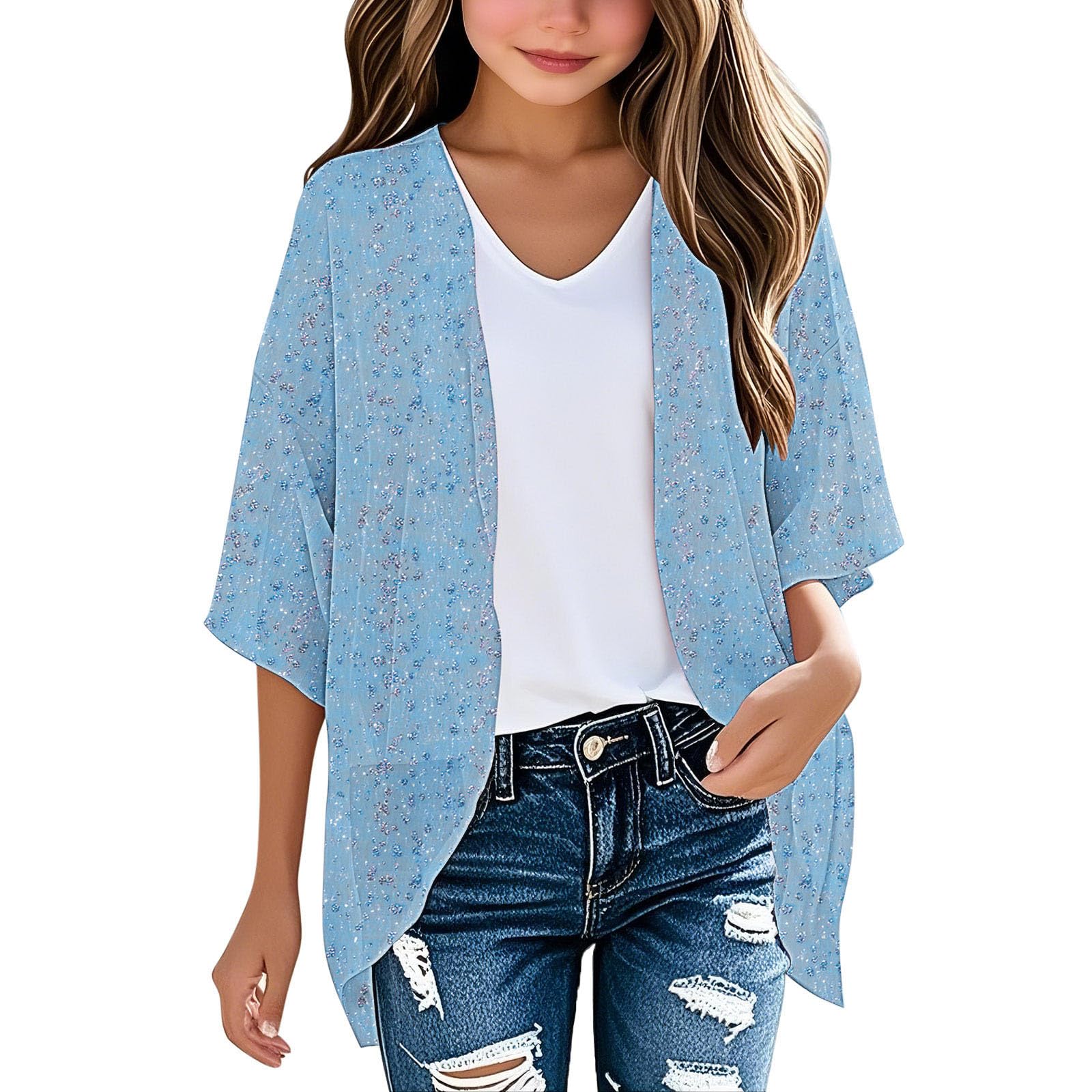Camiseta de verano para niñas, cómoda y holgada, blusa lisa y lisa, blusa larga del Reino Unido con vuelo Upv 50+, cárdigans hawaianos bohemios, ropa para adolescentes, frente abierto, kimono
