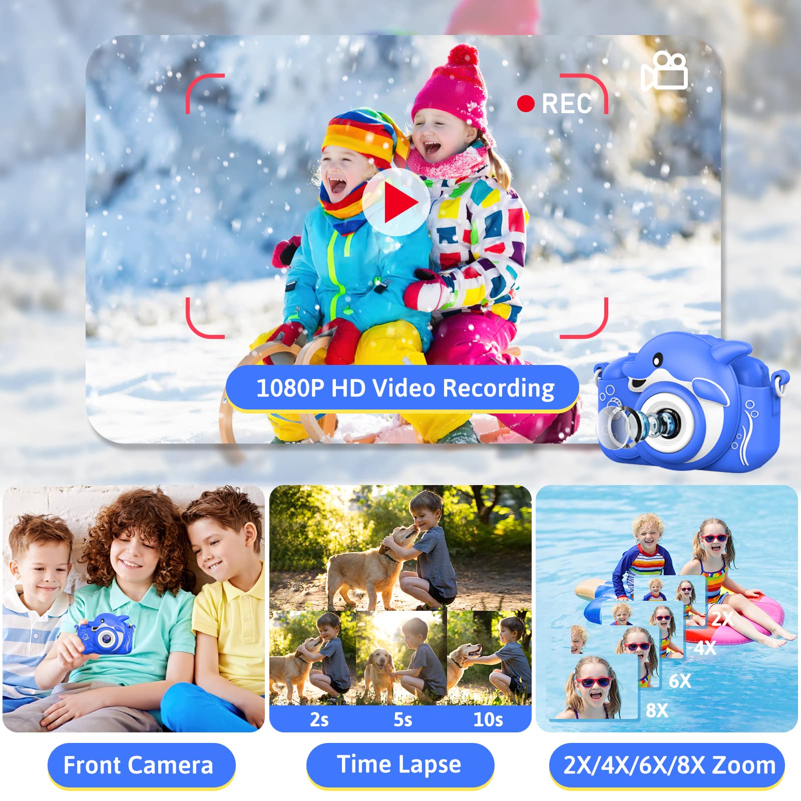 Hangrui Macchina Fotografica Bambini, Fotocamera Bambino con Giochi, 20MP 1080P Selfie Videocamera con 32G, Fotocamere Digitali Regalo Natale &Compleanno da 3 a 12 Anni -Blu