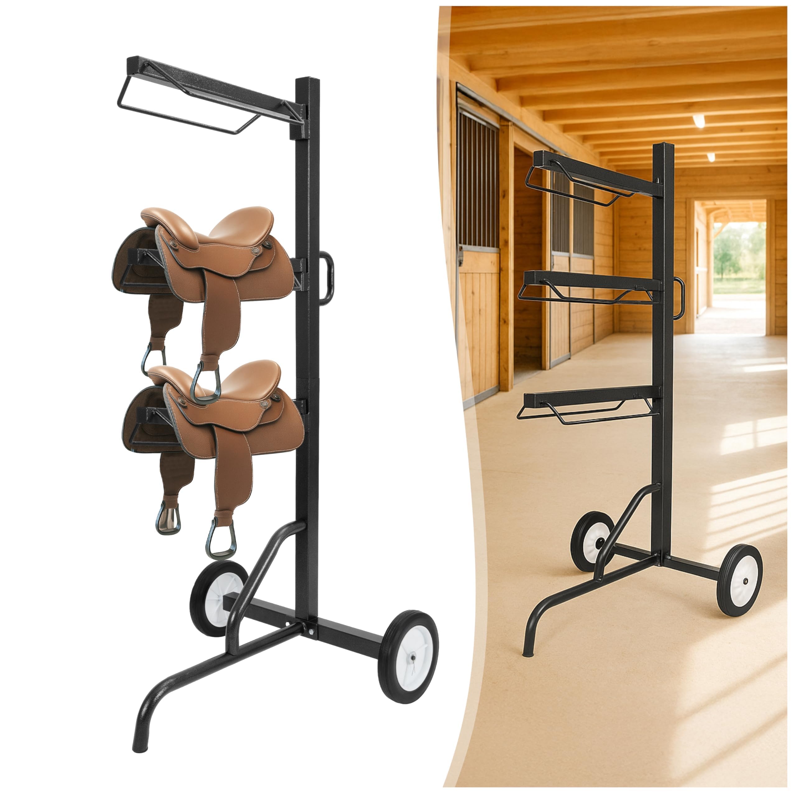 Supporto per sella a 3 livelli, carrello con ruota, supporto girevole resistente per sella in stile inglese e occidentale, portatile, per riporre le puntine del cavallo