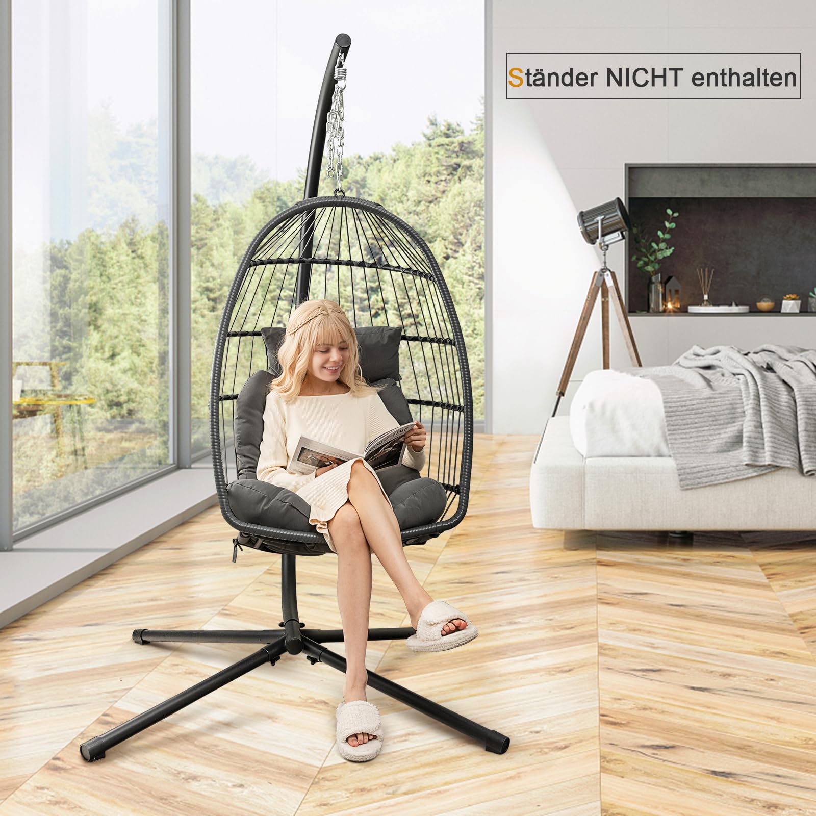 DREAMADE Hängesessel mit Sitzkissen & Kopfstützkissen, klappbarer Hängekorb Hängestuhl Hängesitz Hängeschaukel für Indoor, Outdoor Schaukel Hängestuhl für Kinder und Erwachsene Grau