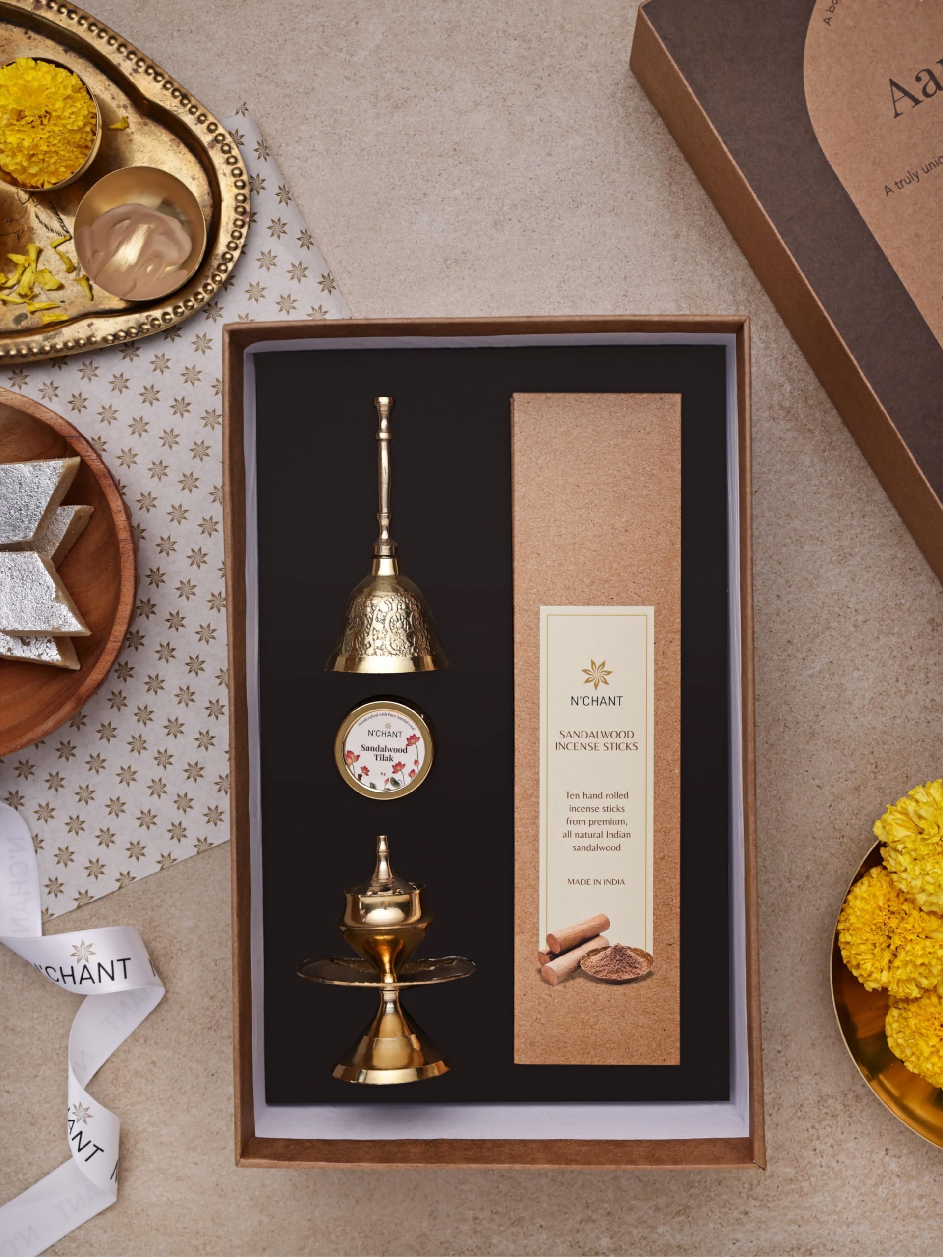 NChant Aarambh Puja Essentials Gift Box for Rituals Traditions and Ceremonies Diwali Puja Temple with Pital Bell Incense Holder Pure Sandalwood Tilak Incense Sticks Set of 1