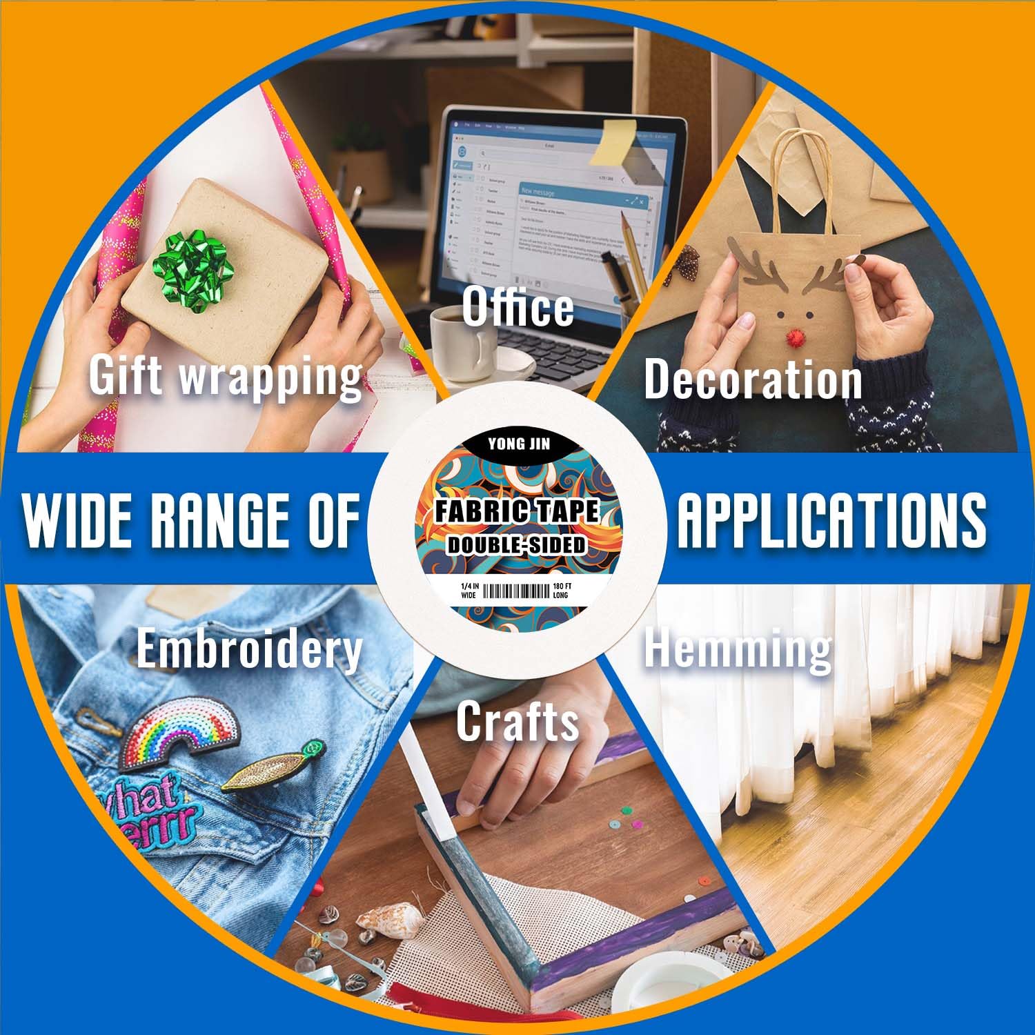 YONGJIN Double Sided Fabric Tape - 1/4 inch x 108 feet - Hem Tape No Sew No Iron, Peels Off Easily, Quick & Easy Fix for Hemming, Pants, Curtains & Crafts