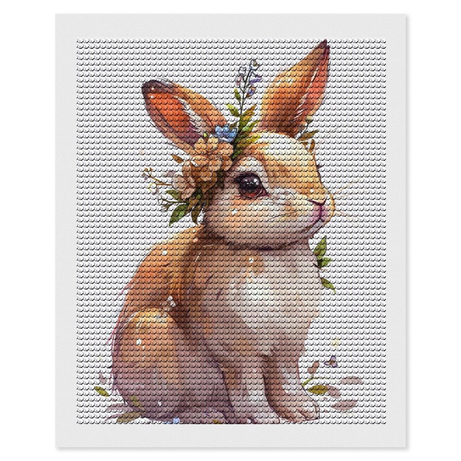 Junmoney Rabbit Flower DIY Diamond Art Canvas Kit 16"x20", Adhesive Canvas, Easy to Enjoy, Farmhouse Decor, Festive Craft Gift
