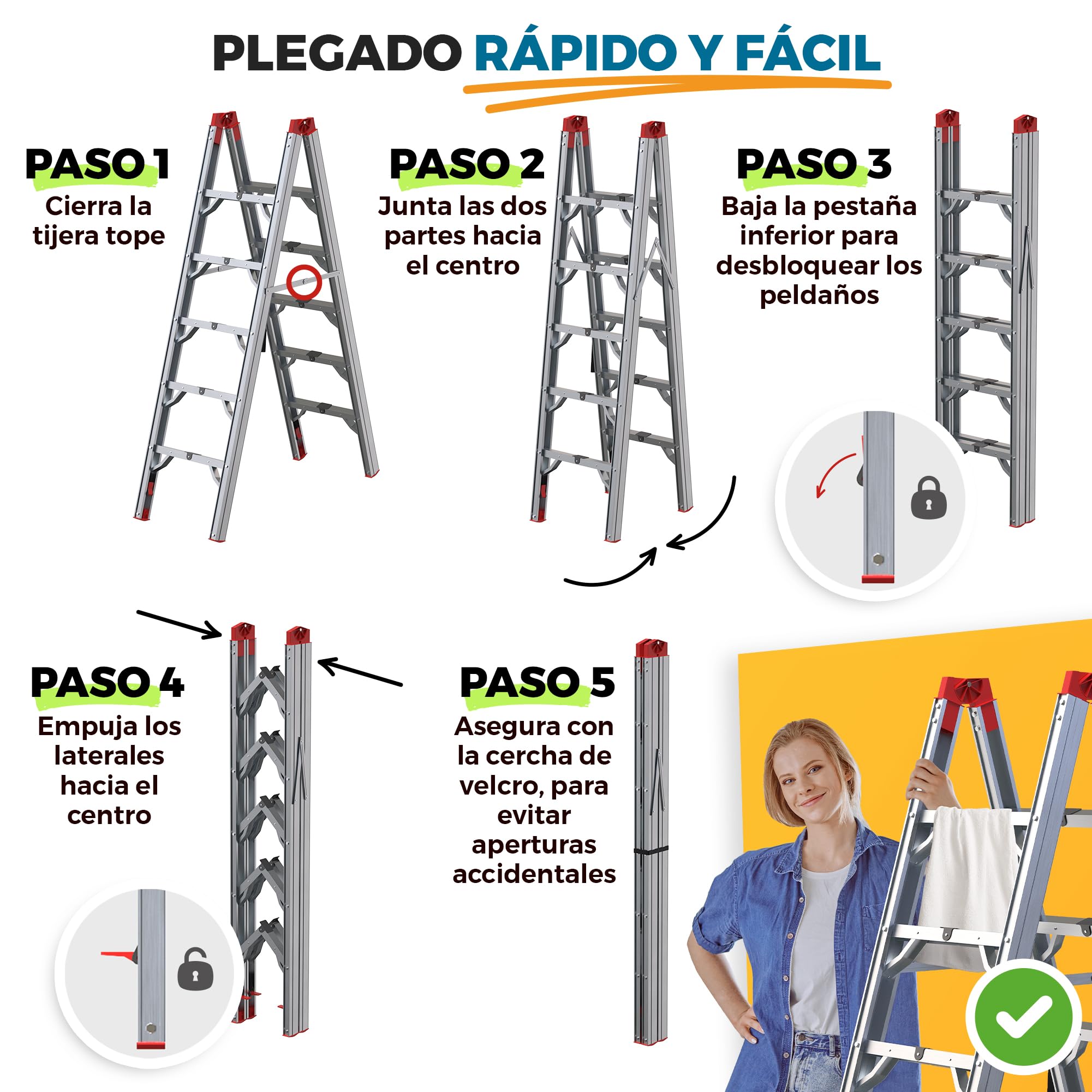 Escalera Plegable de Aluminio 5 Peldaños - Escaleras Plegables Aluminio 180 cm - Segura y Antideslizante para Hogar, Taller y Construcción - Plegado Compacto y Rápido para Espacios Reducidos