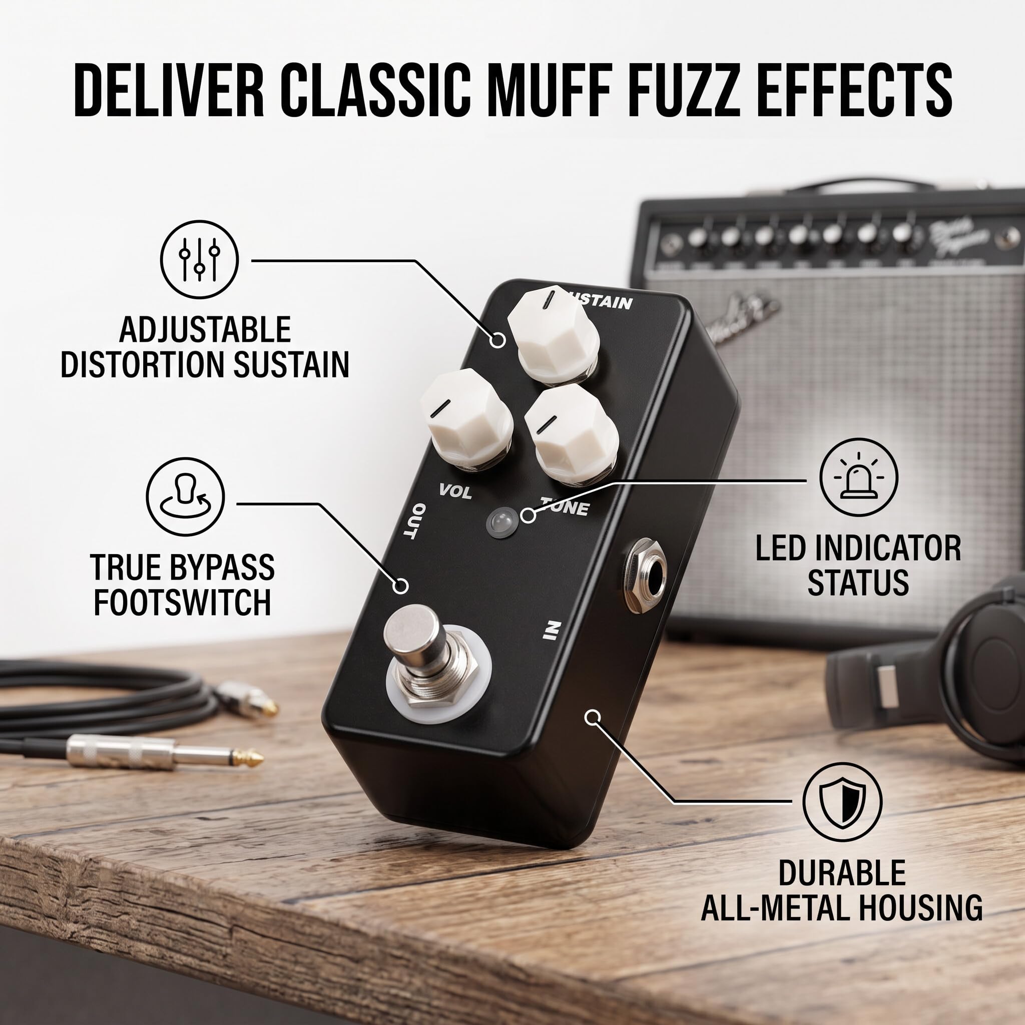 Mosky Mini Mufka Gitara Mosky Mini Muff, Efekt Fuzz Efektów Gitarowych True Bypass Pełna Metalowa Powłoka