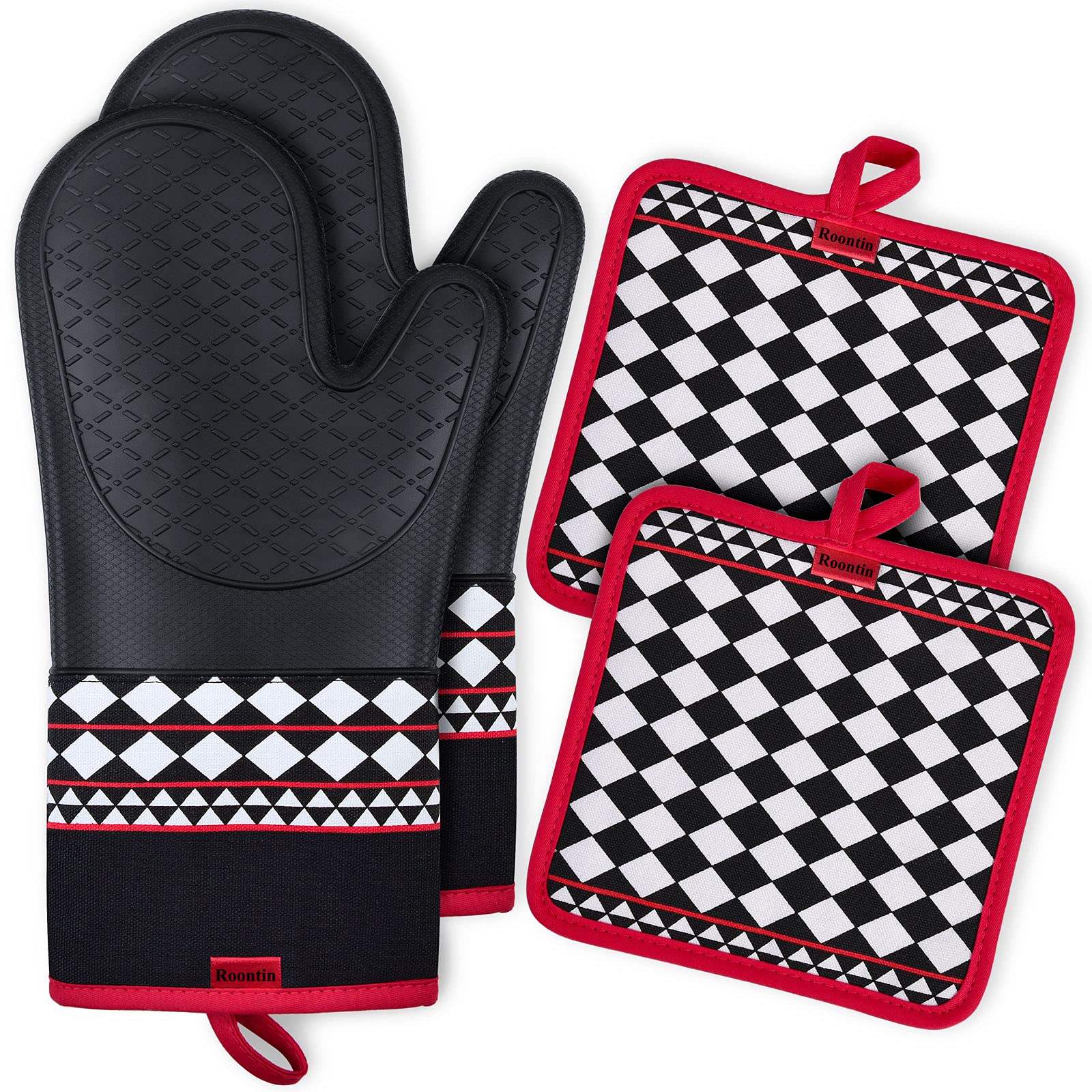 Oven Mitts, Extra Long Silicone Oven Mitt Heat Resistant, Roontin Anti-Slip Kitchen Oven Gloves Pot Holders with Cotton Lining for Kitchen, Cooking, Baking, Grilling, BBQ