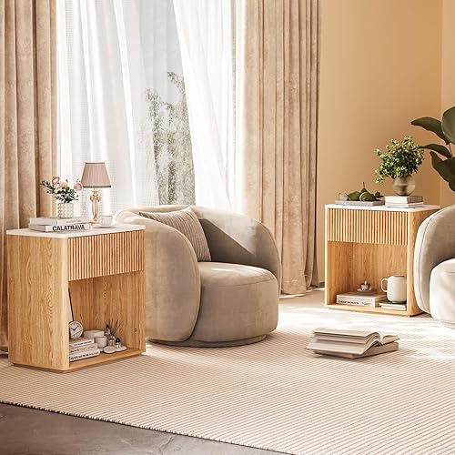 Miniatura 3 de Juego de 2 mesitas de noche acanaladas modernas para dormitorio, mesita de noche de mediados de siglo con cajón y estante abierto, mesa auxiliar de