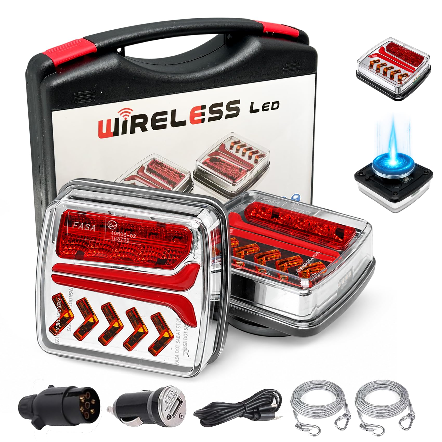 Luci Posteriori LED Wireless per Rimorchio 12V/24V, Kit Magnetico Ricaricabile con 5 Funzioni, Ricevitore Europeo 7 Pin, Impermeabile IP67, Cavi di Sicurezza Inclusi, per Rimorchio, Camper e Camion