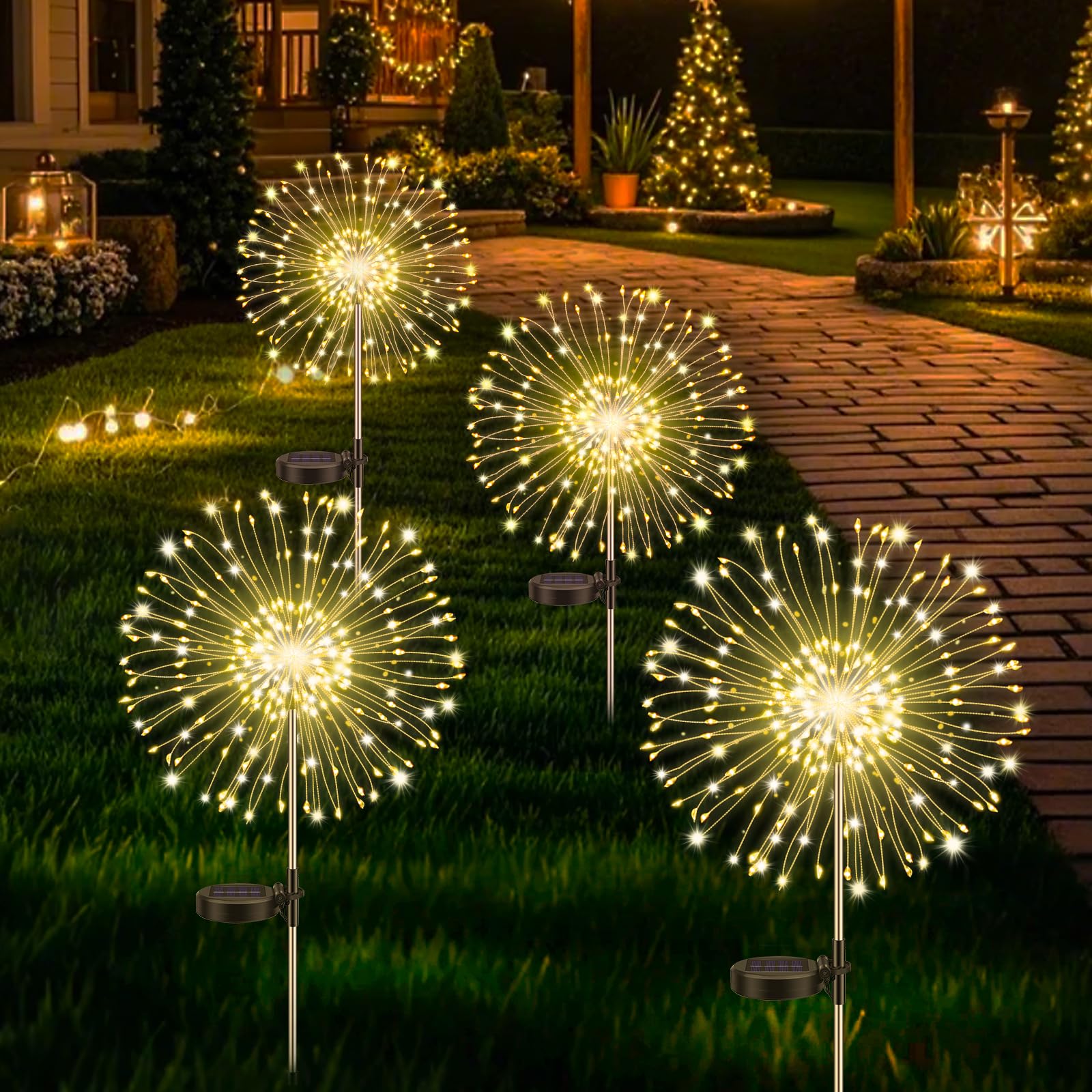 4er-Pack Solarleuchten für den Garten, Löwenzahn Solarfeuerwerk 120 LEDs, 8 Modi Starburst Light, Gartenlampe wasserdicht für Rasen Patio Yard Party Hinterhof Dekoration/warmes Weiß