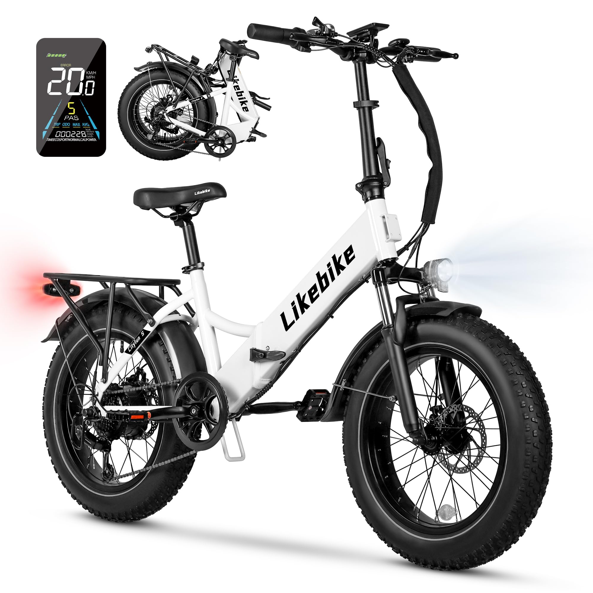 Folding Electric Bike 20" x 4.0 Fat Tire Electric Bicycle,48V Lithium Removable Battery,Peak 720W Folding Ebike for Adult,5 Pedal-Assist Levels& Large LCD Display,Step Through ebike for Adult