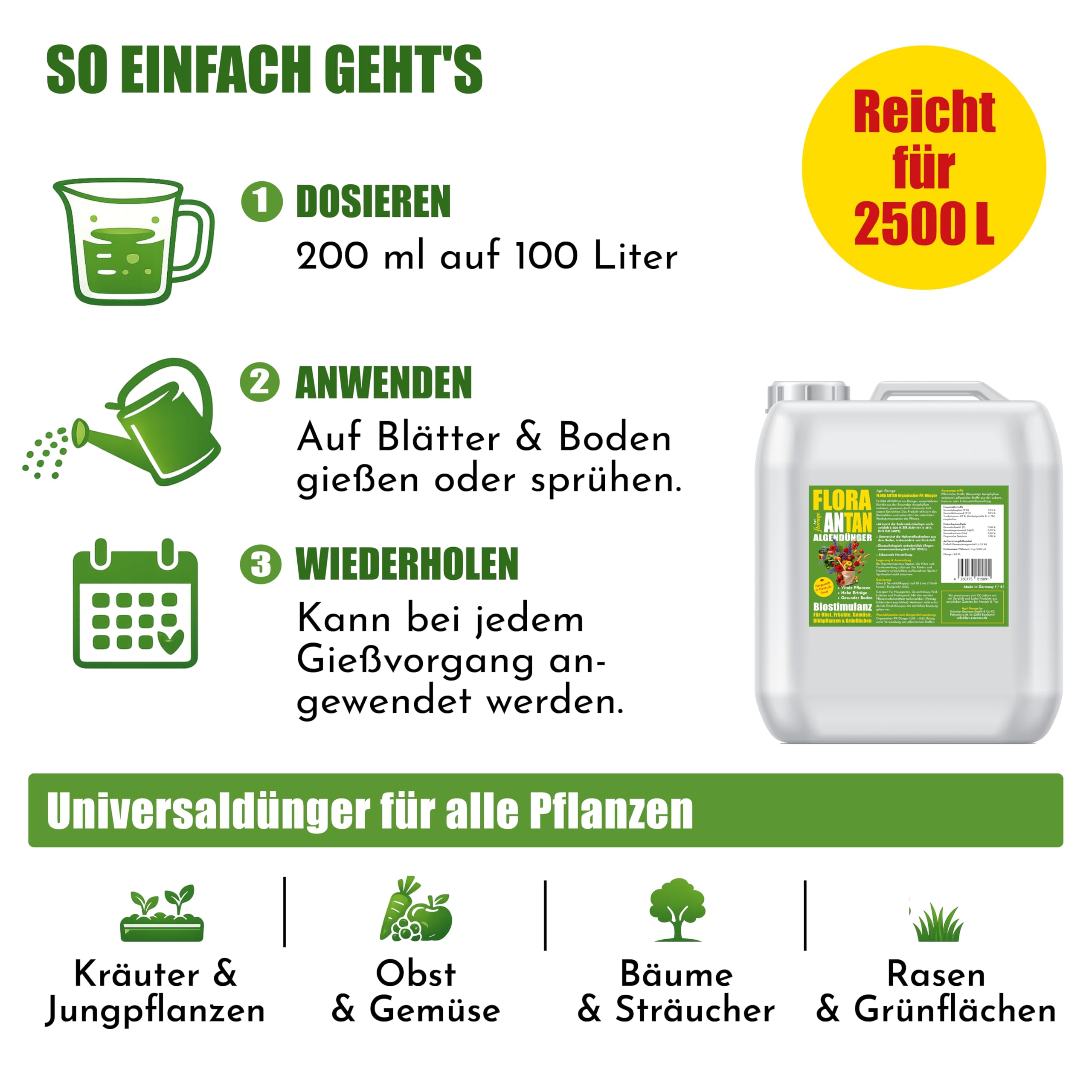 Flora Antan Algendünger Biostimulanz 5 L Universaldünger flüssig | Dünger für Obst, Gemüse, Bäume & Pflanzen aller Art, fördert kräftiges Wurzelwachstum, Made in Germany, 2500 L Gießlösung