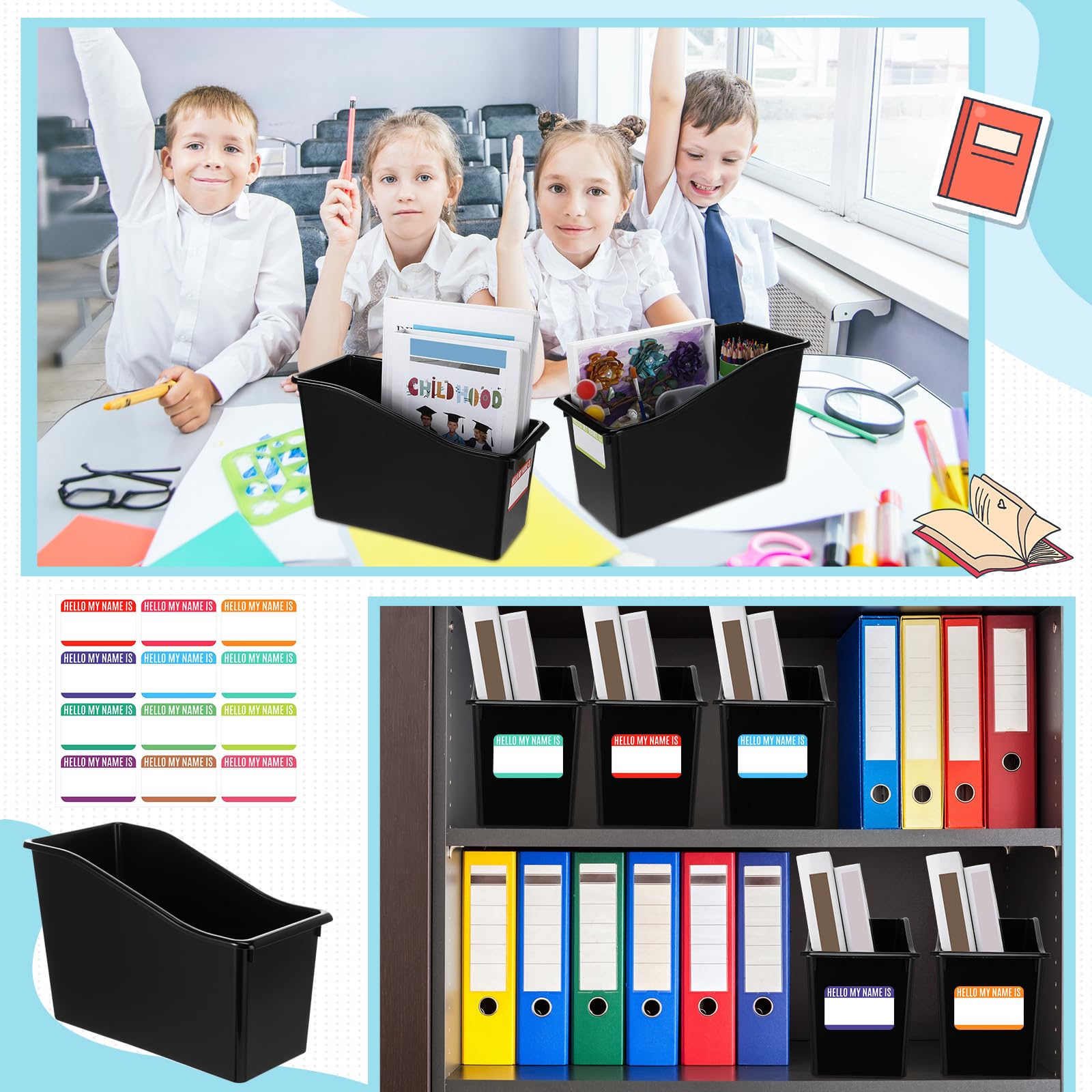 Fuutreo 12 contenitori per libri con etichette, impilabili, in plastica, per scuola, ufficio, biblioteca, organizzazione, contenitori, forniture