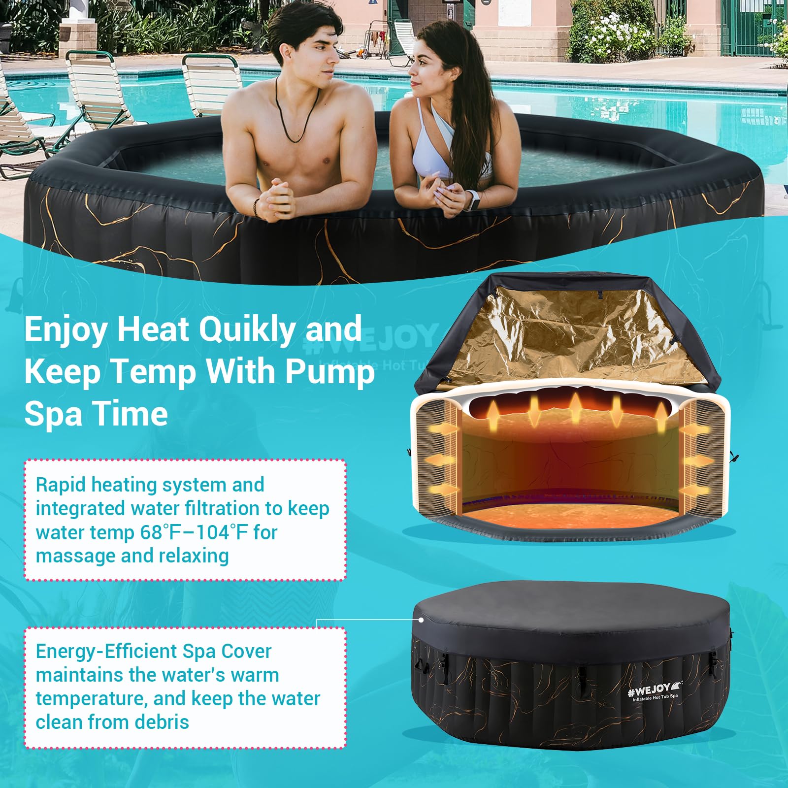 #WEJOY Jacuzzi portable 155 x 155 x 63 cm Air Jet Spa 2-3 personnes gonflable octogone extérieur chauffant spa avec 120 jets à bulles