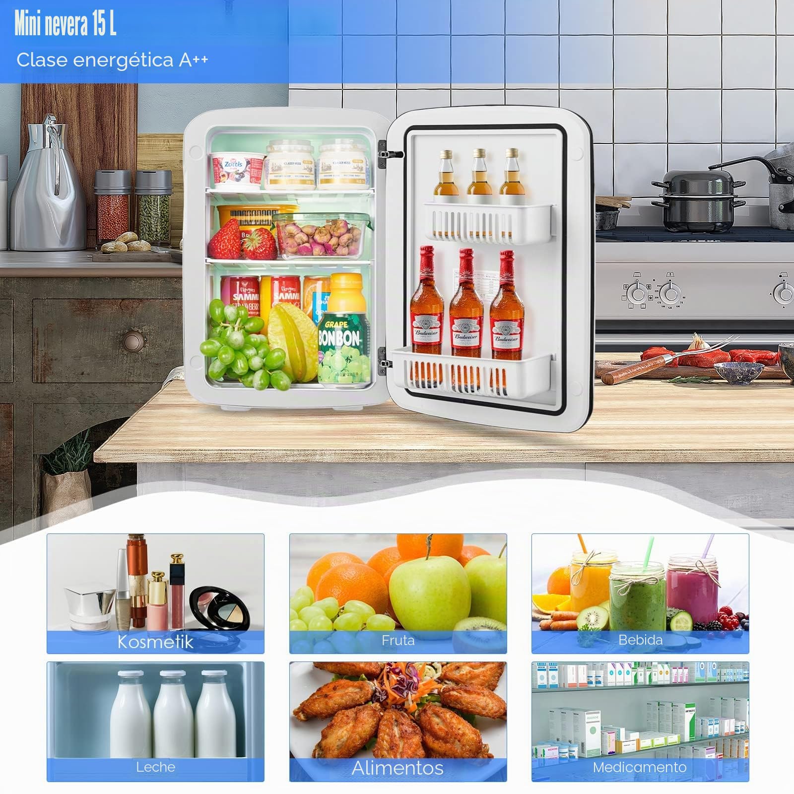 RELAX4LIFE Mini Nevera 15L Portátil -3 ℃ ~ 50 ℃ para Uso Doméstico Automóvil, Mini Nevera Nevera 1 Puerta con Enfriamiento Calefacción para Todas las Estaciones, Blanco